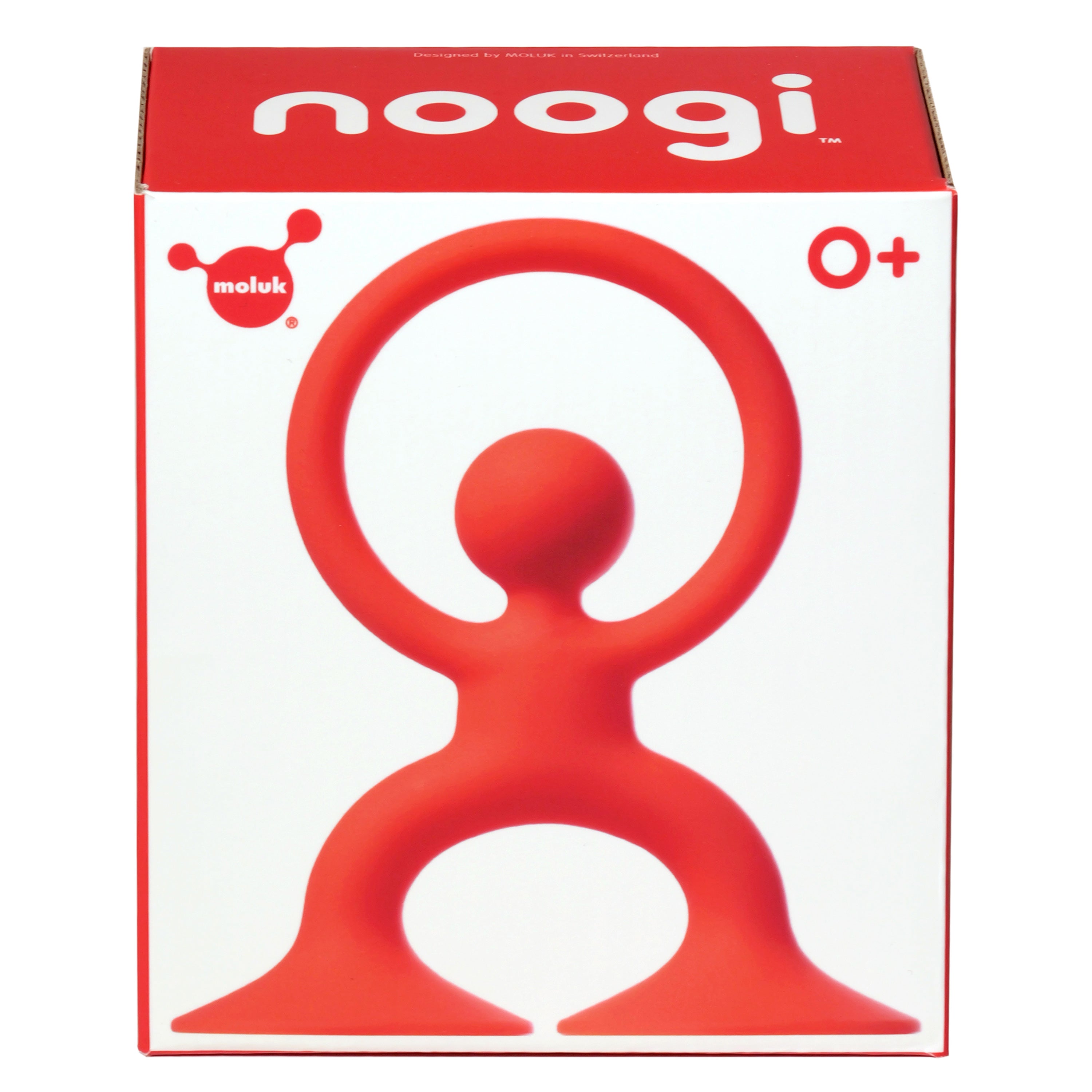 Front view of Noogi packaging by MOLUK, showing the red silicone teething and sensory toy for babies aged 0 and up.