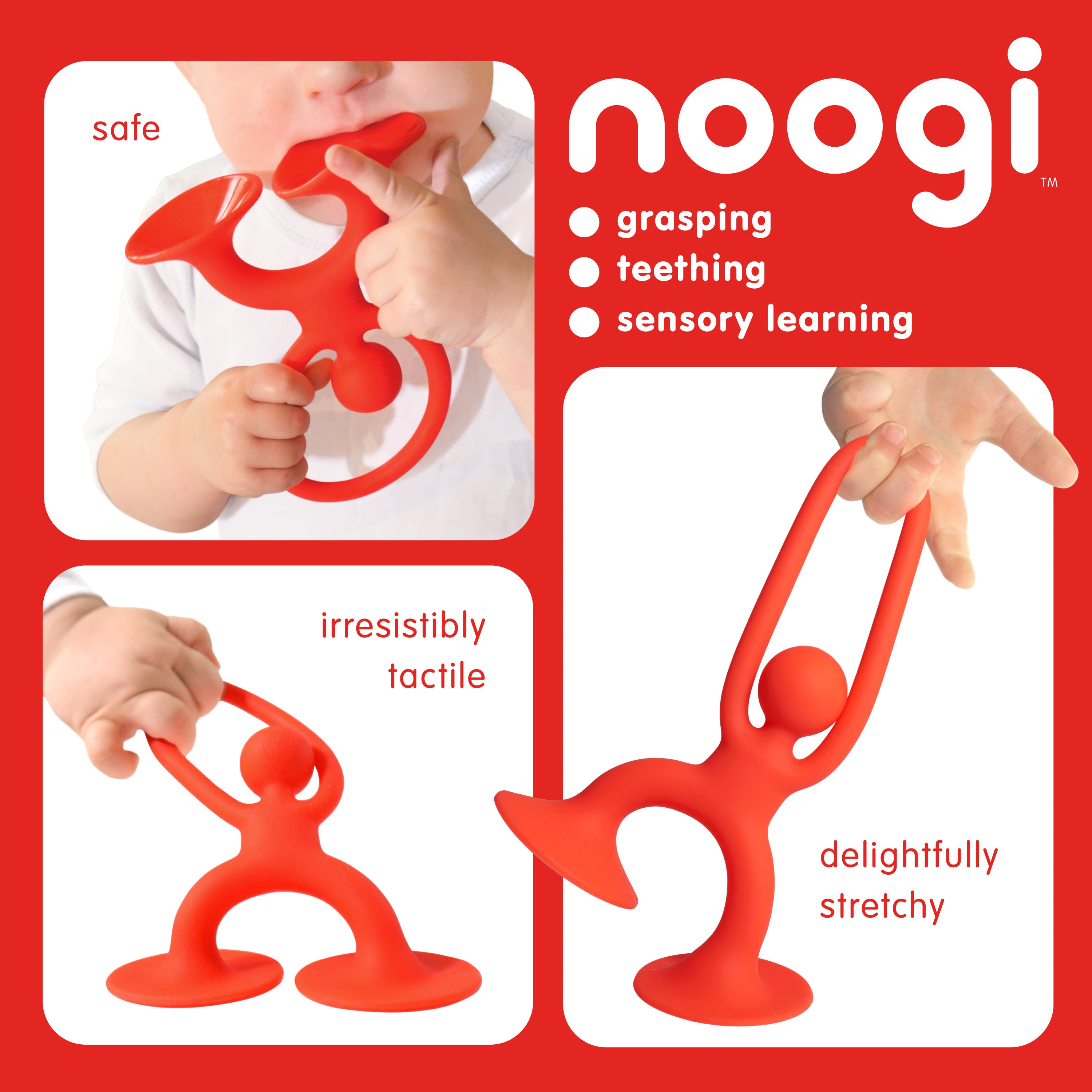 Collage showing baby grasping and chewing red Noogi silicone toy by MOLUK, with close-ups of tactile stretching and sensory play benefits.