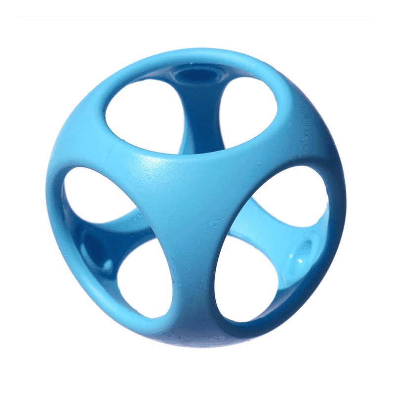 Blue Oibo silicone cube-ball hybrid by MOLUK rotating against a white background, showing its flexible open-ended design.