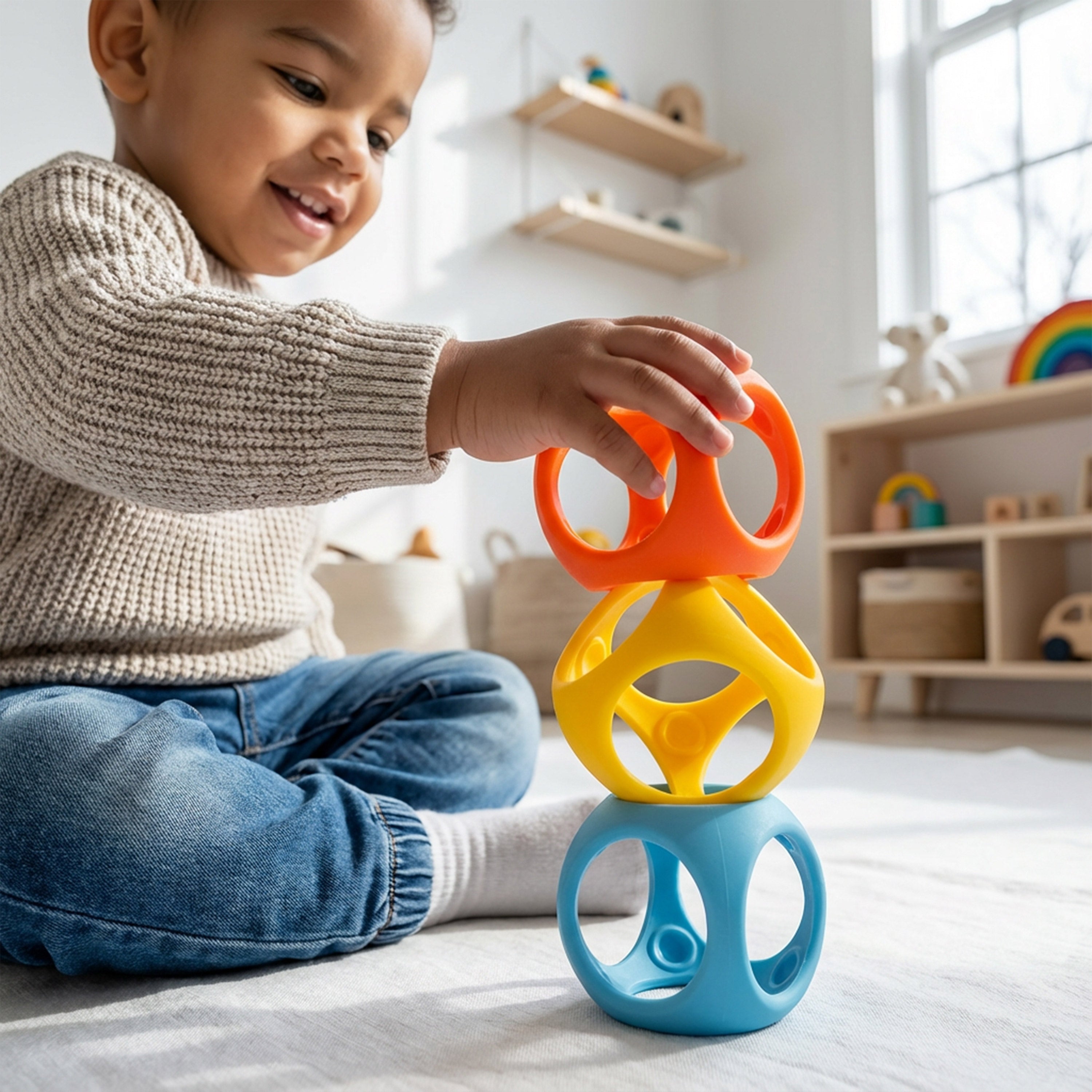 Toddler boy stacking three elastic Oibo building blocks by MOLUK in a bright, Montessori-inspired children's room.