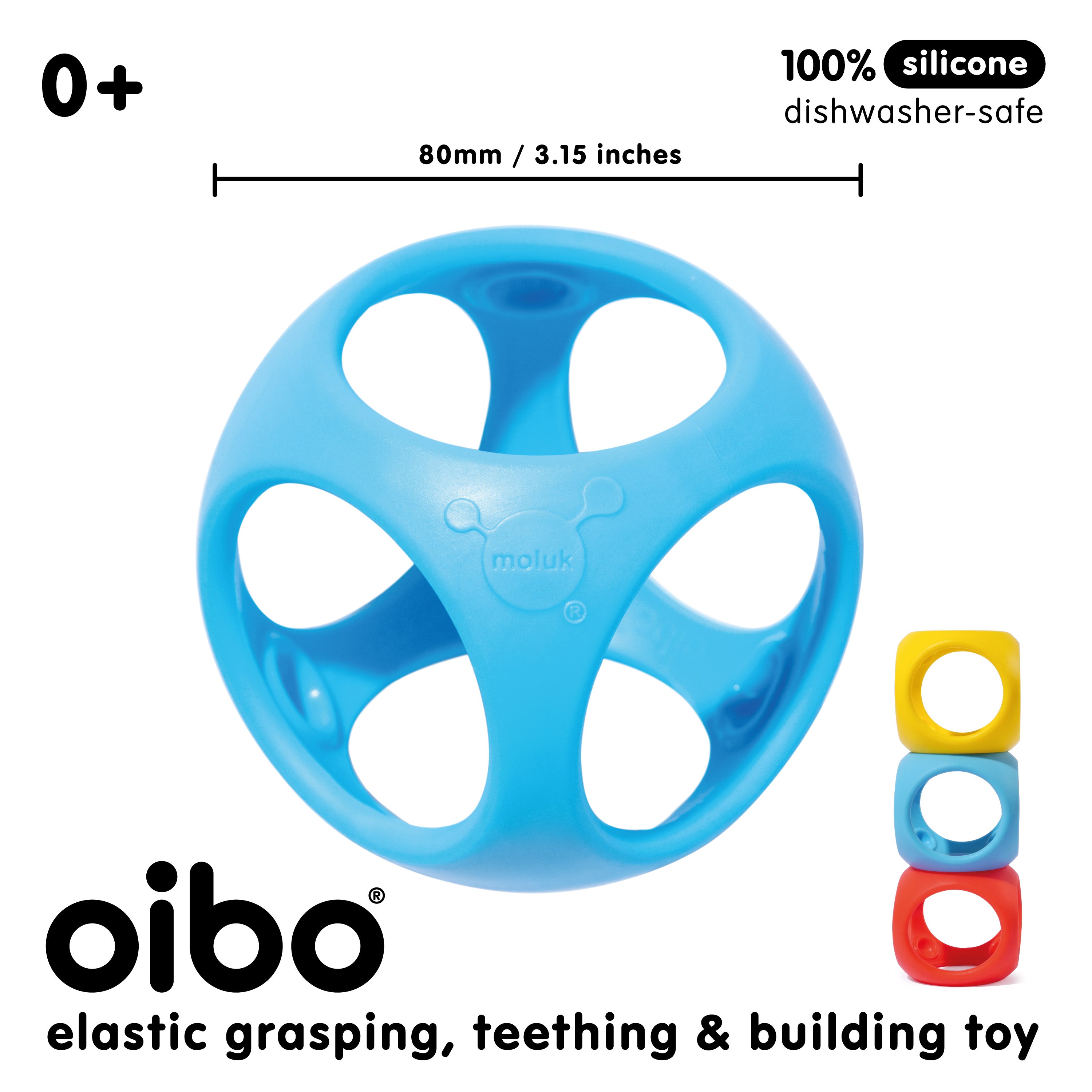 Blue Oibo silicone grasping, teething, and building toy by MOLUK, 80mm in size, dishwasher-safe, with red, yellow, and blue cubes shown stacked.
