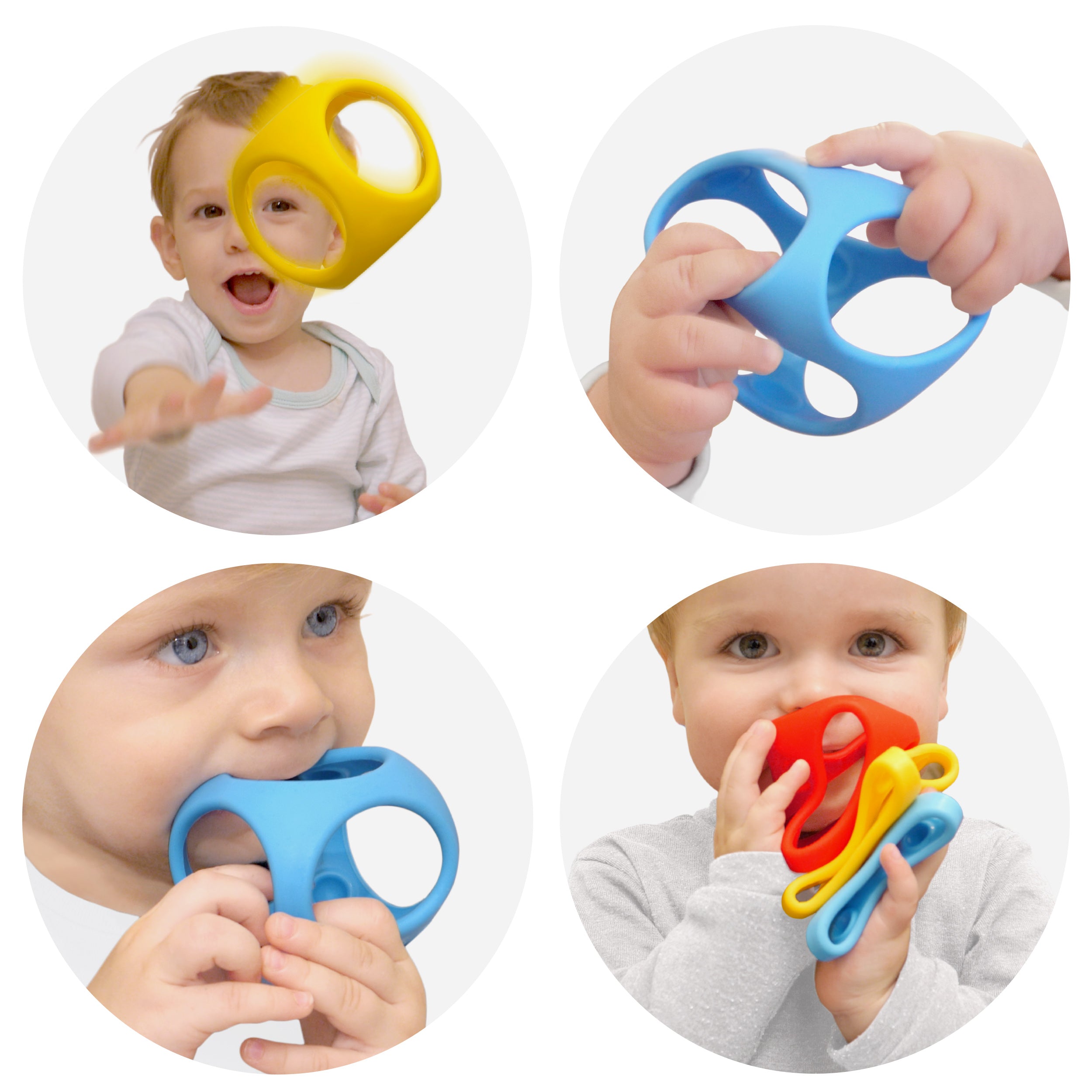 Collage of children playing with MOLUK's Oibo building block and sensory toy, throwing, grasping, chewing and squeezing the elastic cubes.