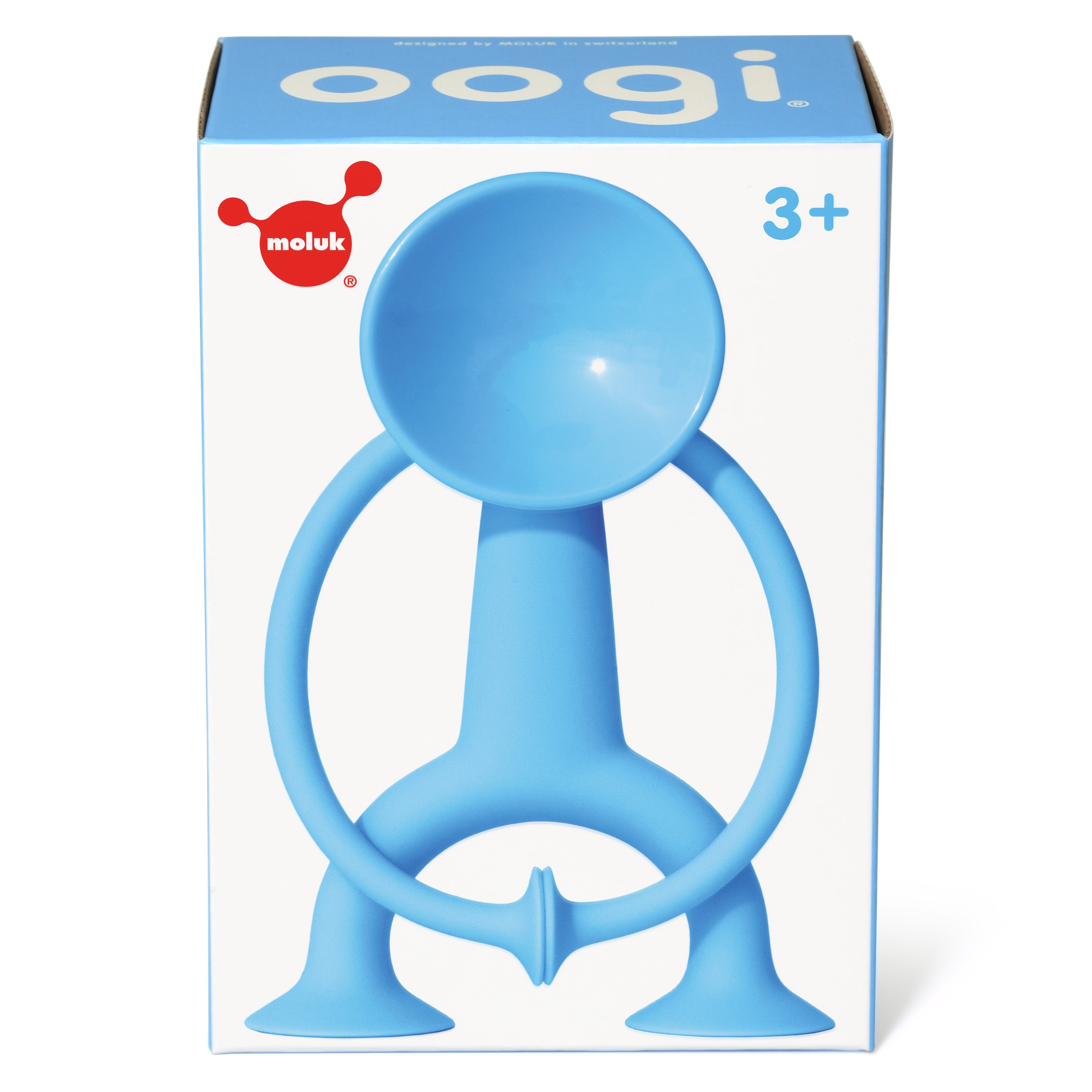 Blue Oogi suction cup fidget figure by MOLUK in its gift box with a 3+ age recommendation.
