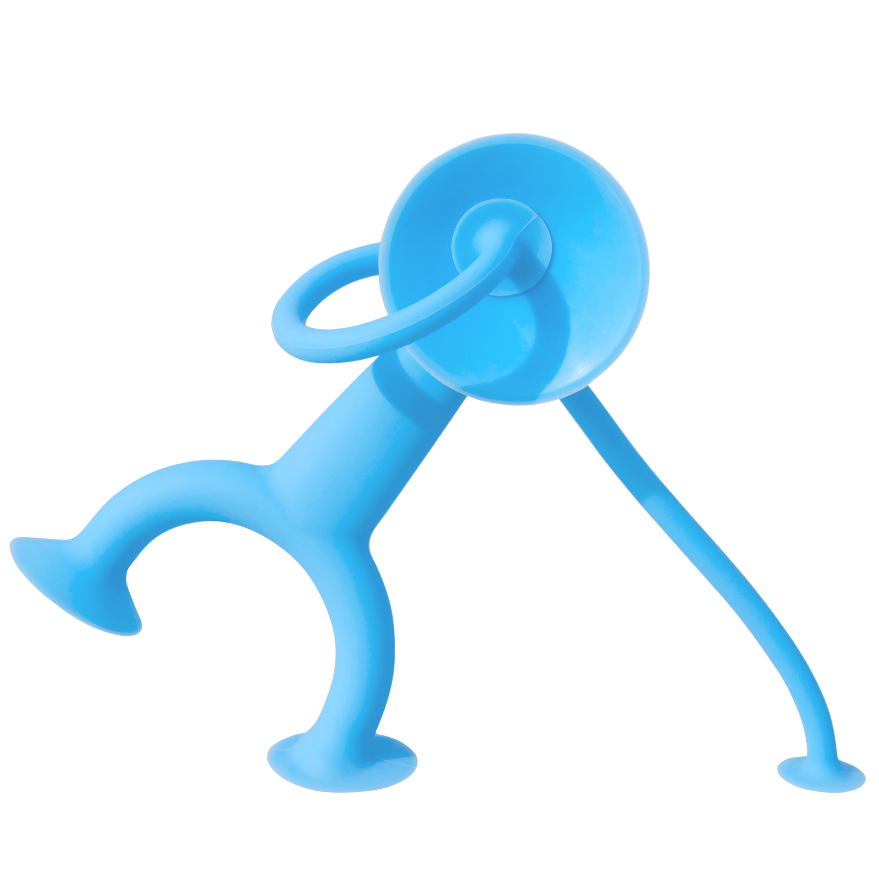Blue Oogi suction cup fidget figure by MOLUK with long, stretchy arms, posing with one hand touching its face.