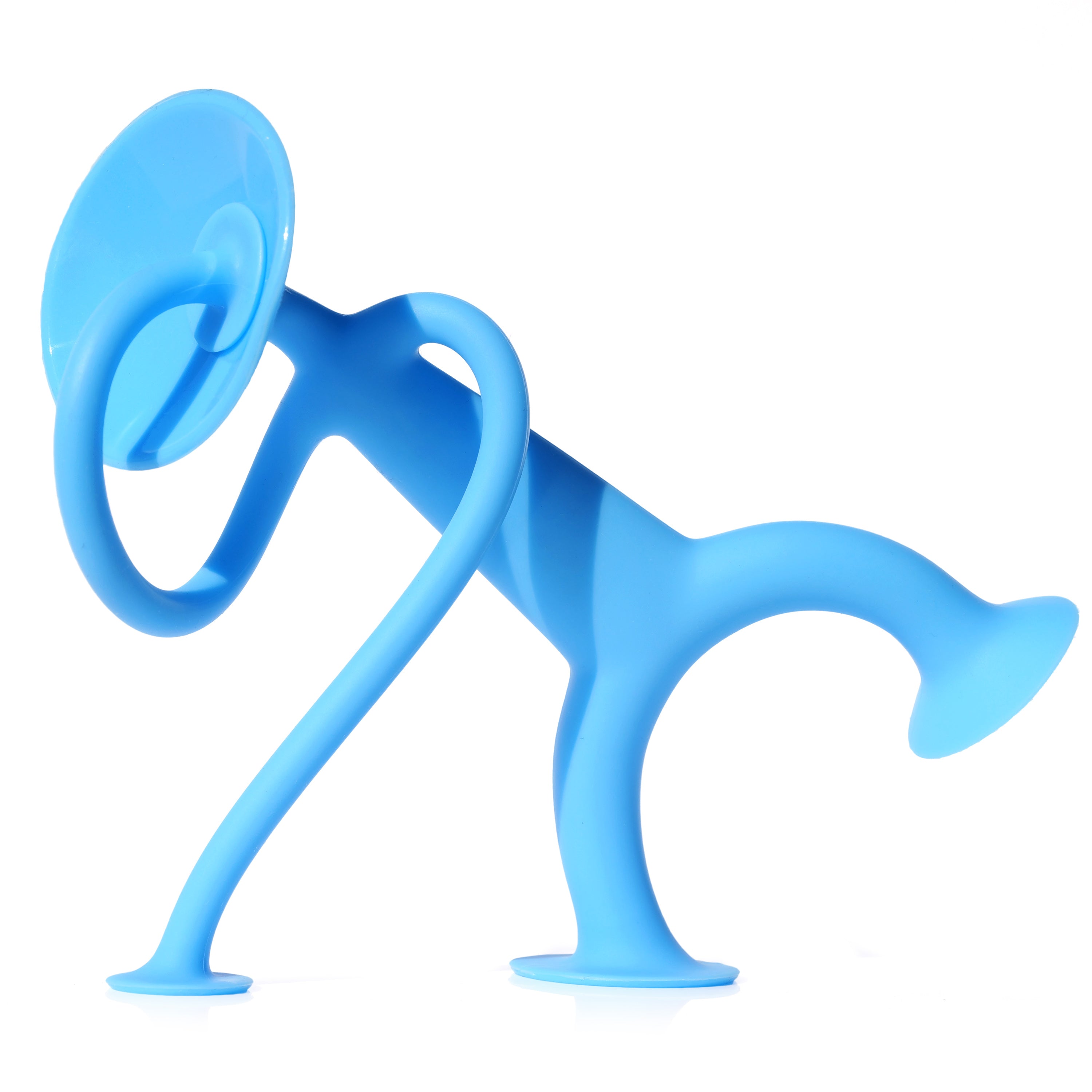Blue Oogi suction cup silicone figure by MOLUK, posing with one hand touching its face.