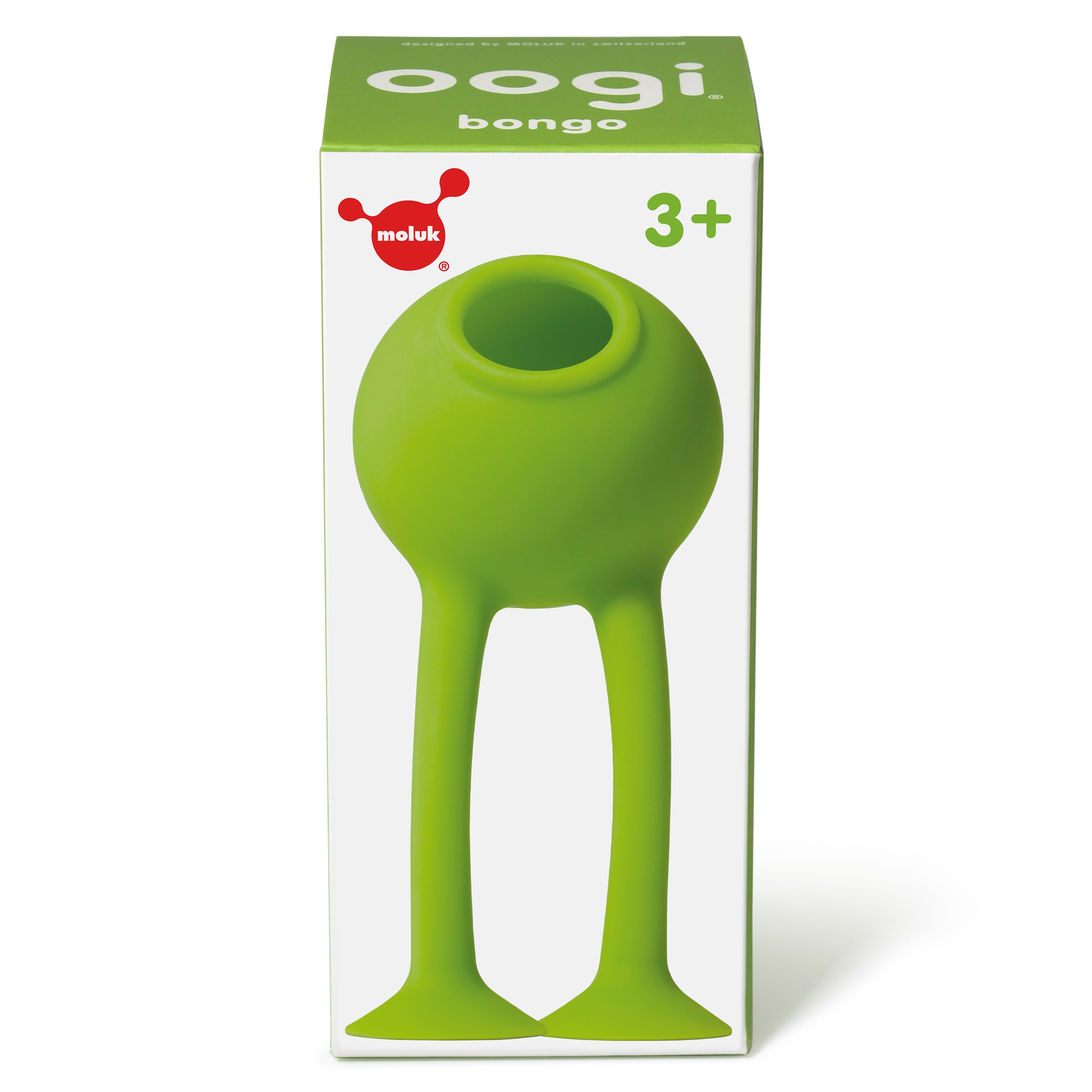 Green Oogi Bongo suction cup silicone toy by MOLUK in its gift box with a 3+ age recommendation.