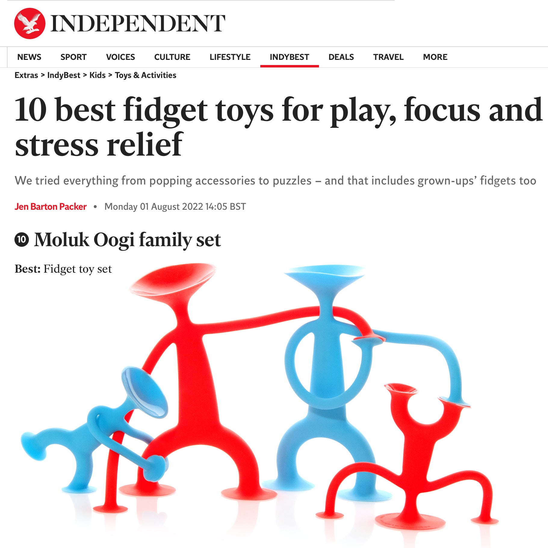 Article about „10 best fidget toys for play, focus, and stress relief“ by The Independent, featuring MOLUK's Oogi Family as best fidget toy set.
