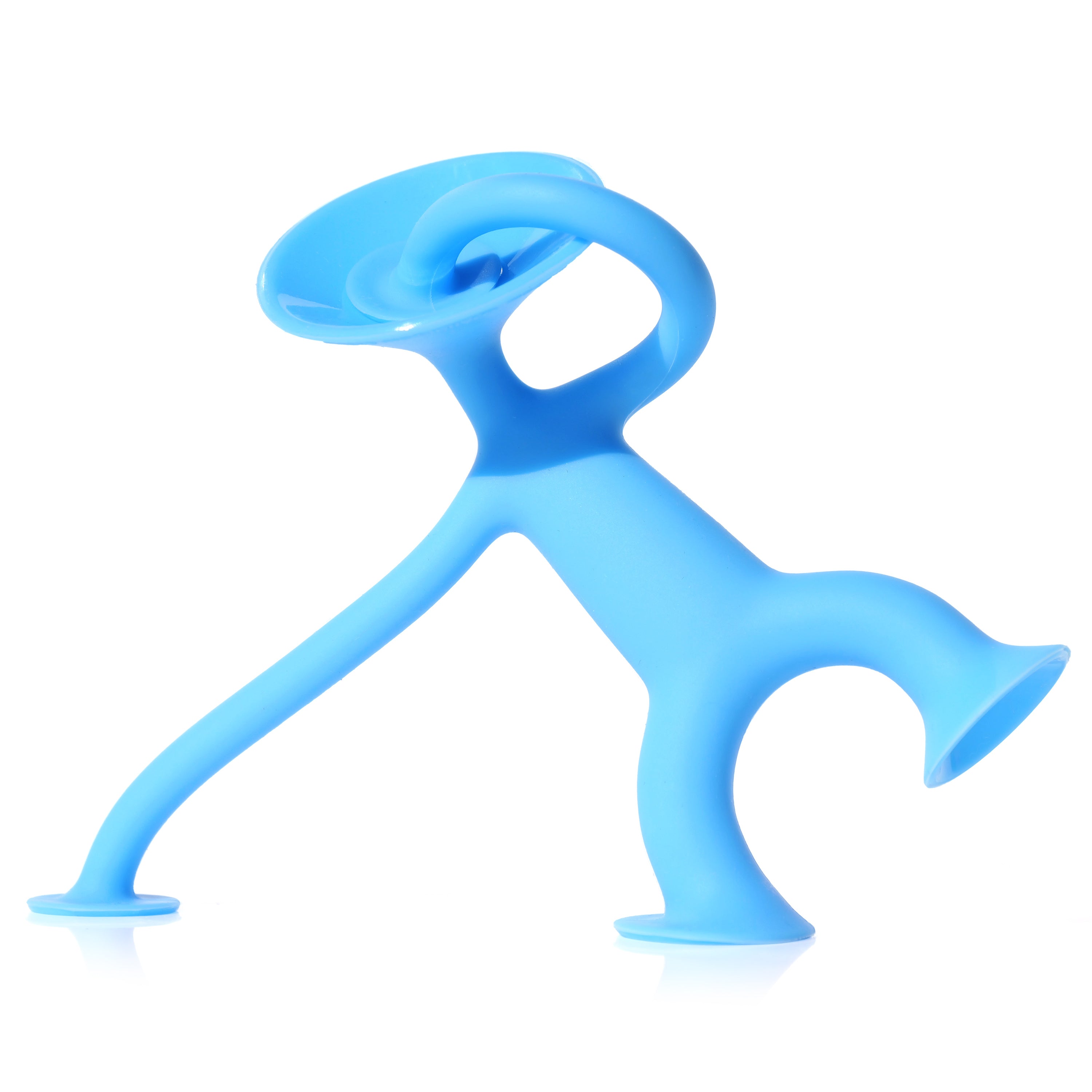 Blue Oogi Junior by MOLUK, a pocket-sized silicone suction cup figure touching its head in an expressive pose.