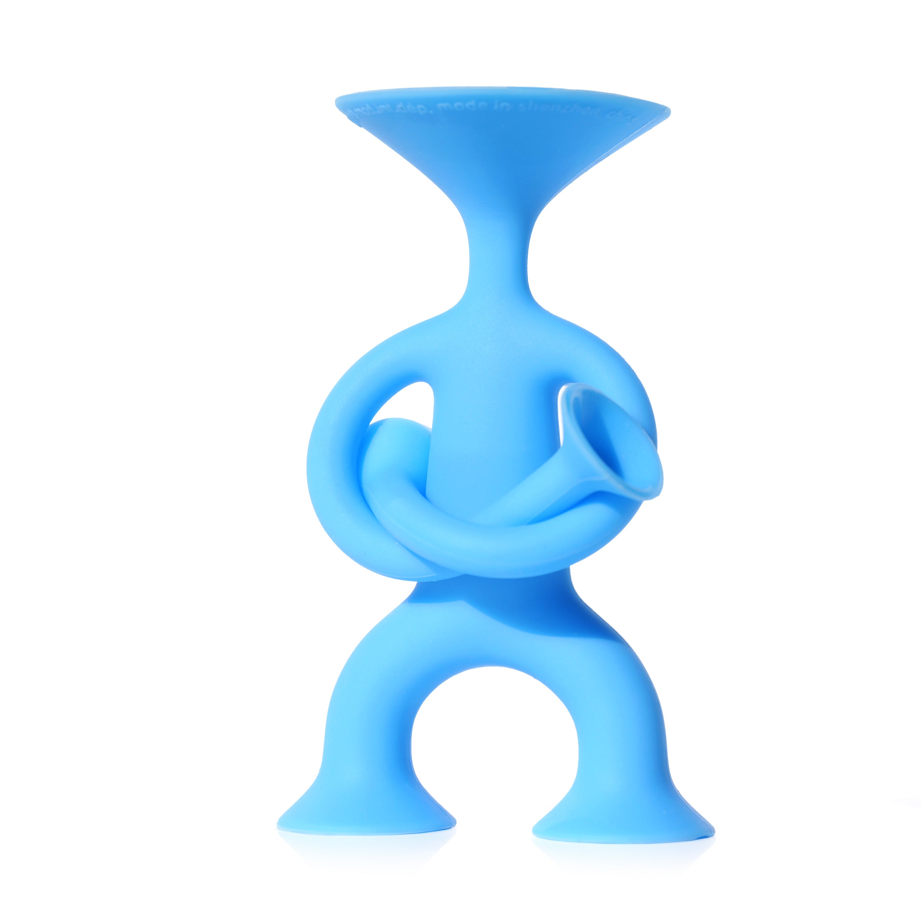 Blue Oogi Junior by MOLUK, a pocket-sized silicone suction cup figure posing with folded arms.