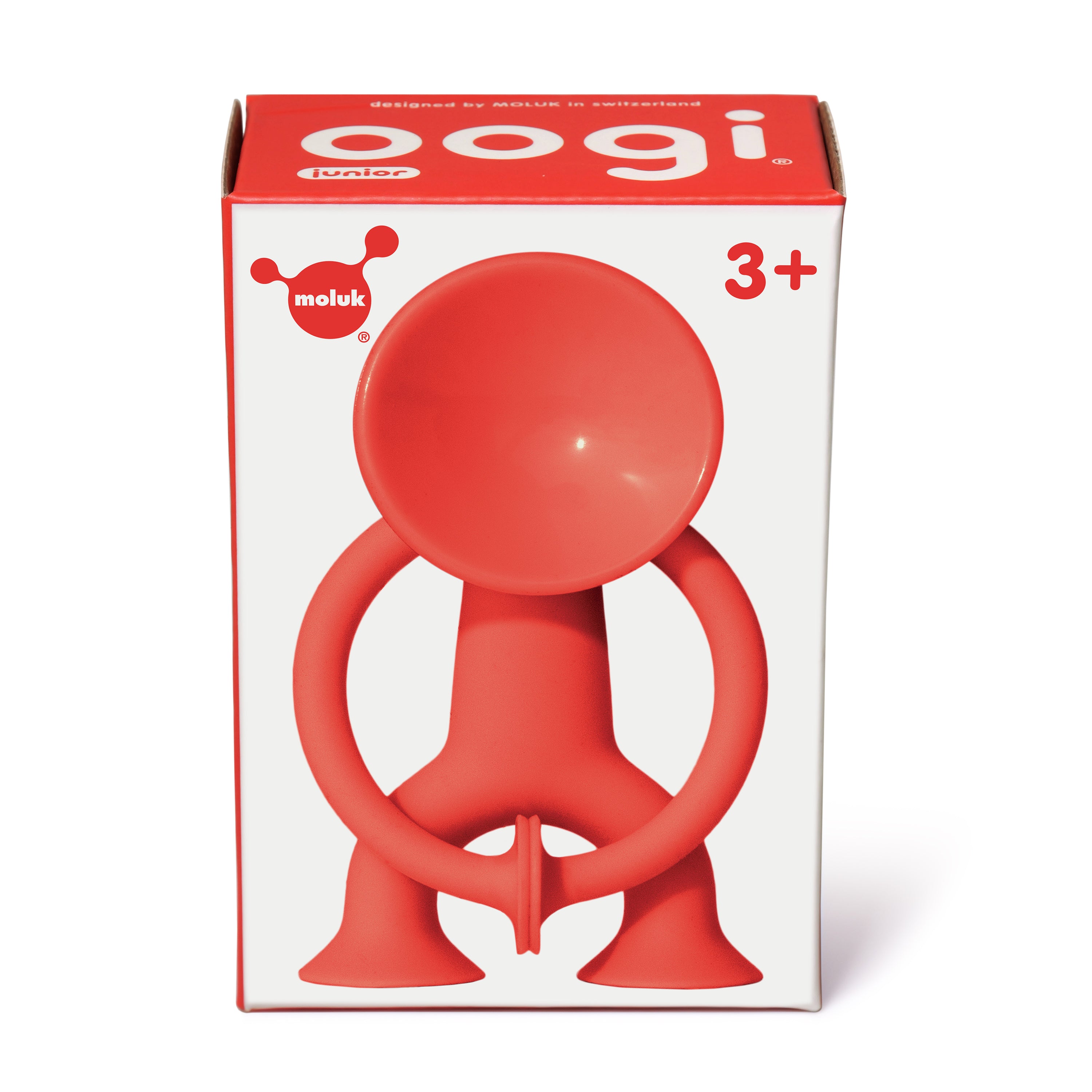 Gift box of red Oogi Junior by MOLUK, a pocket-sized silicone suction cup figure for children ages 3 and up.