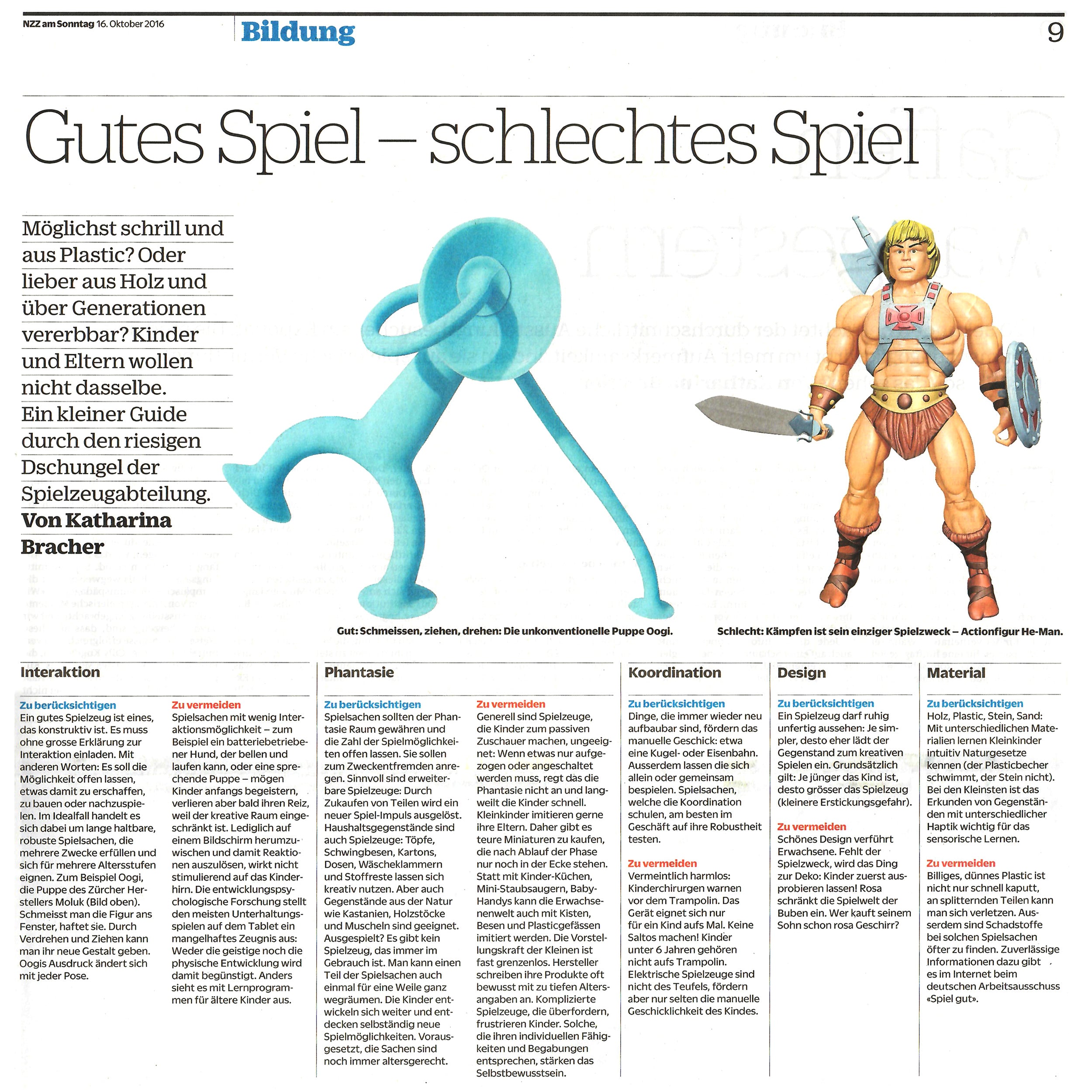 NZZ am Sonntag featuring MOLUK’s Oogi suction cup figure in an article about what distinguishes a good toy from a bad toy.