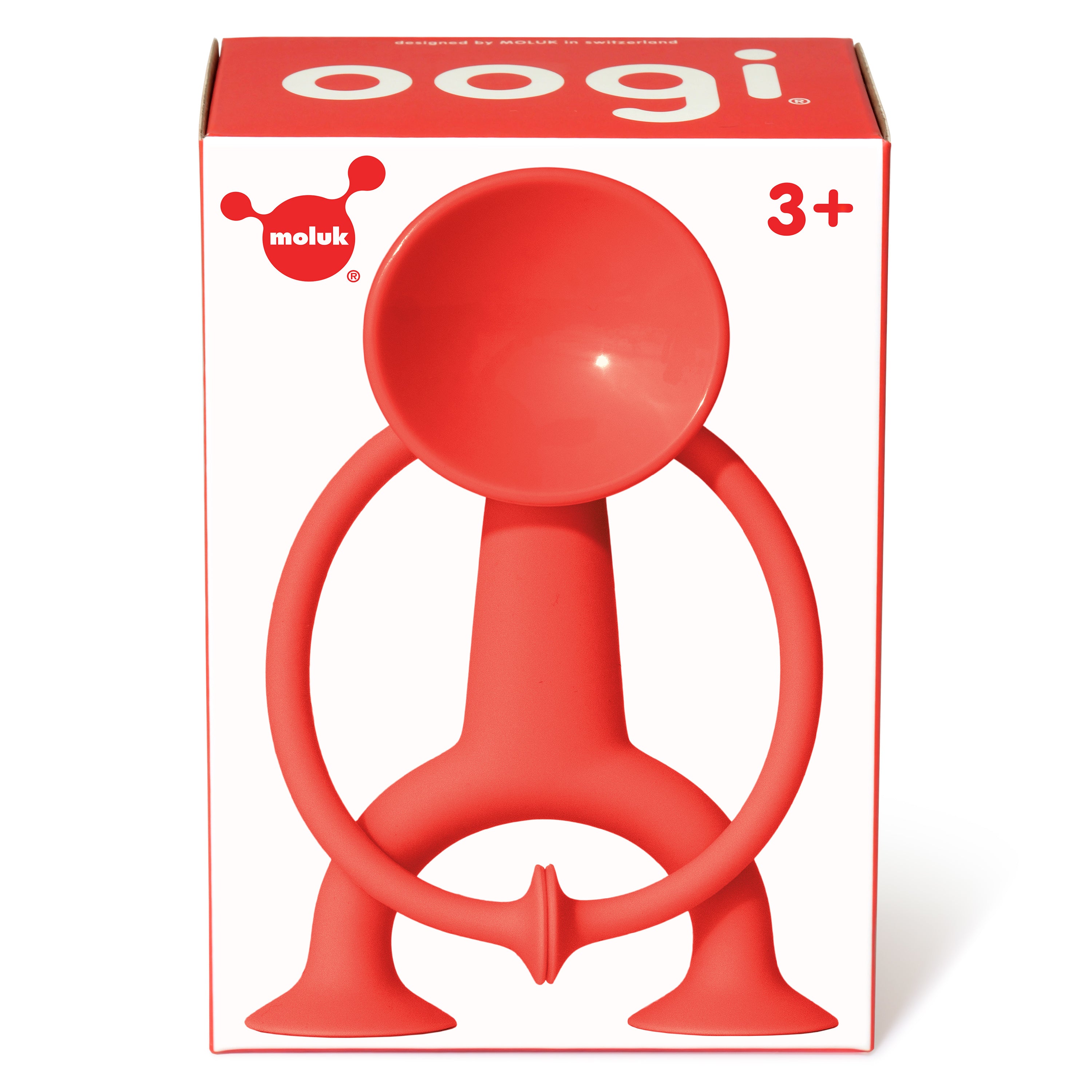 Red Oogi suction cup fidget figure by MOLUK in its gift box with a 3+ age recommendation.