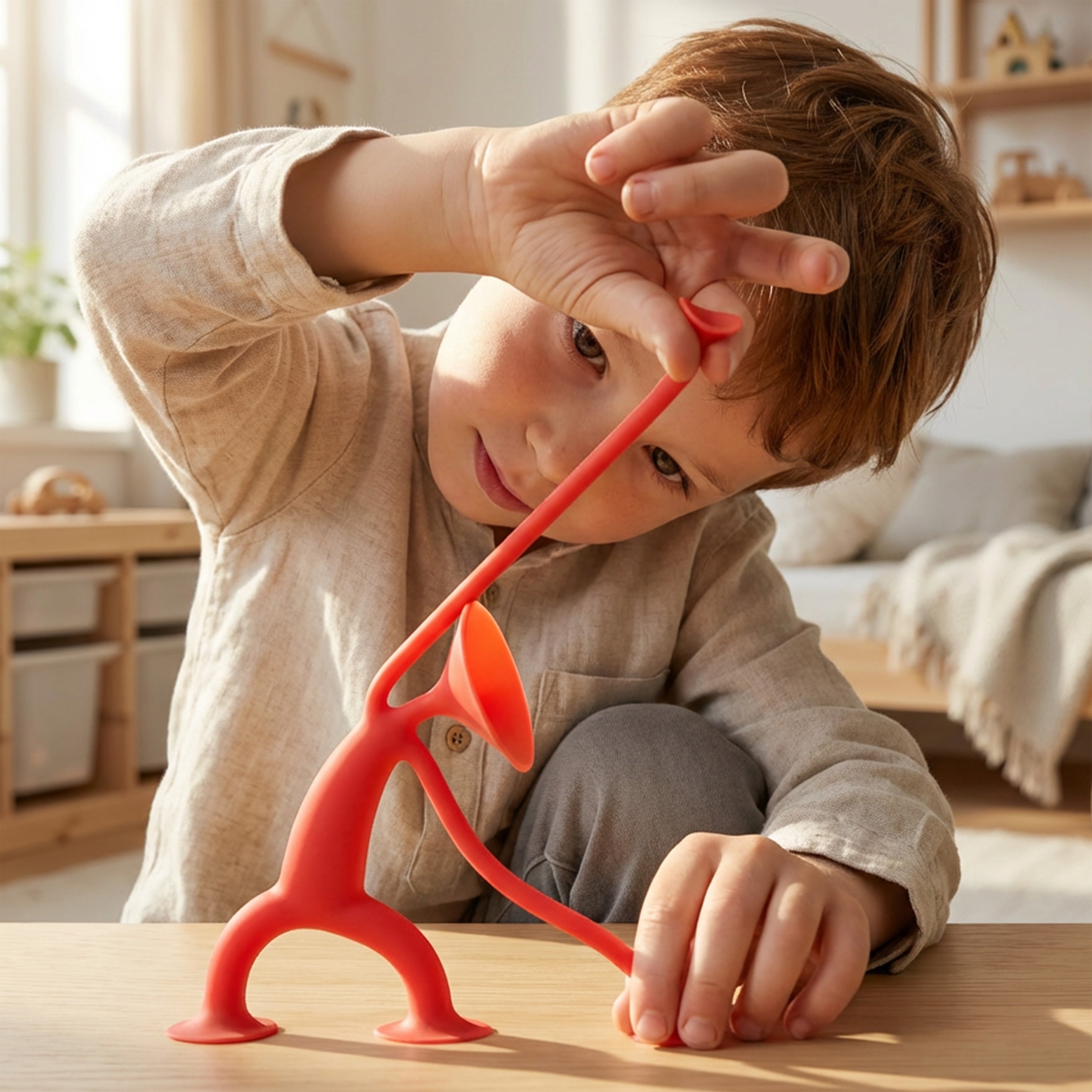 Boy playing with a red Oogi suction cup fidget toy by MOLUK, pulling and stretching the elastic silicone figure.