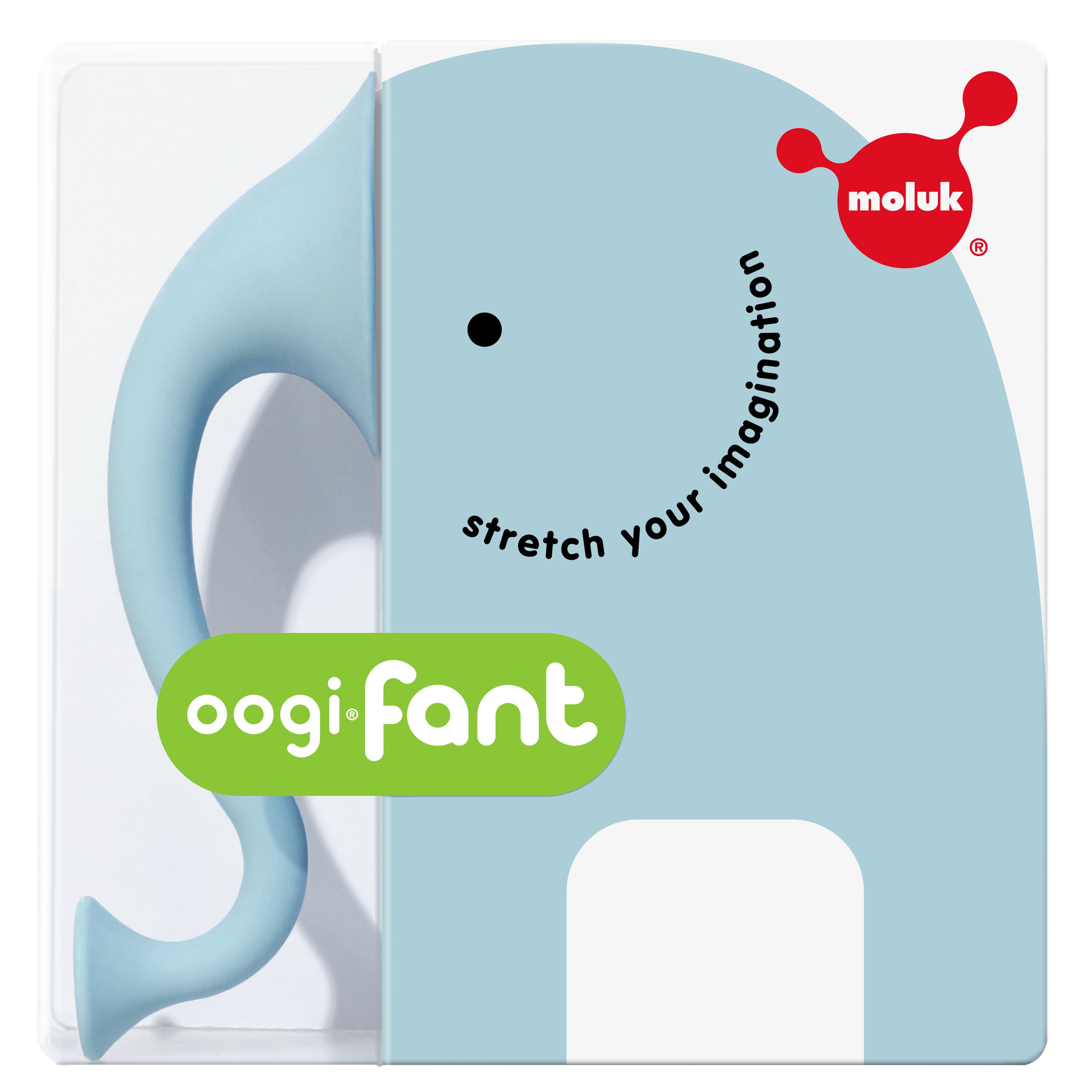 Packaging of Oogifant by MOLUK, a light blue silicone suction cup toy shaped like an elephant trunk.