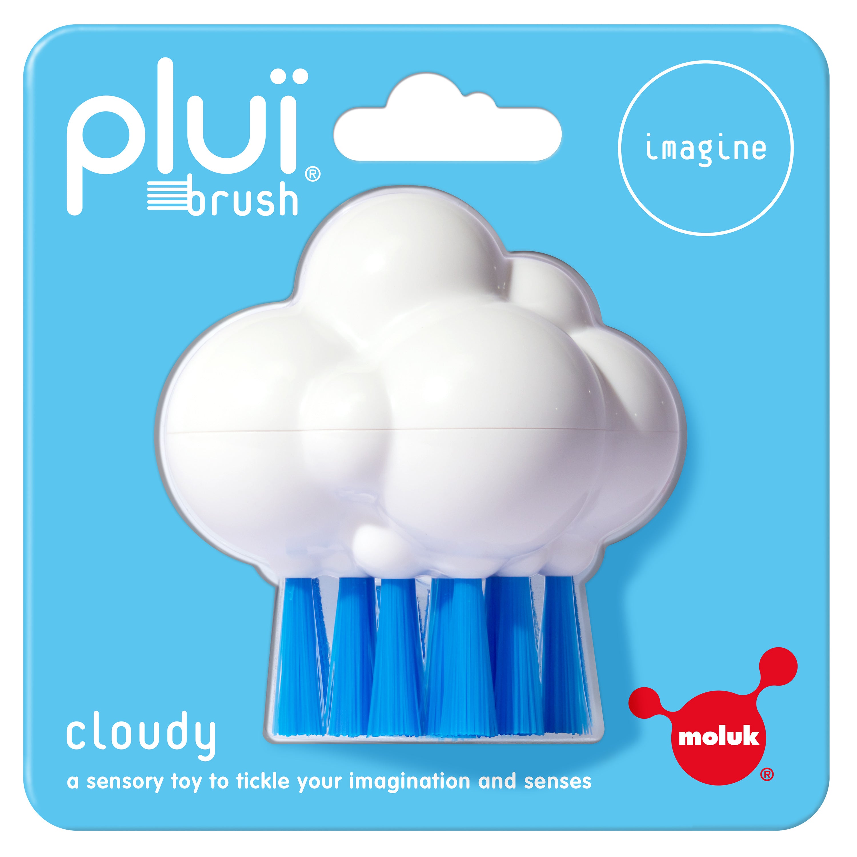 Pluï Brush Cloudy by MOLUK – a playful nail brush and sensory toy shown in its blue packaging.