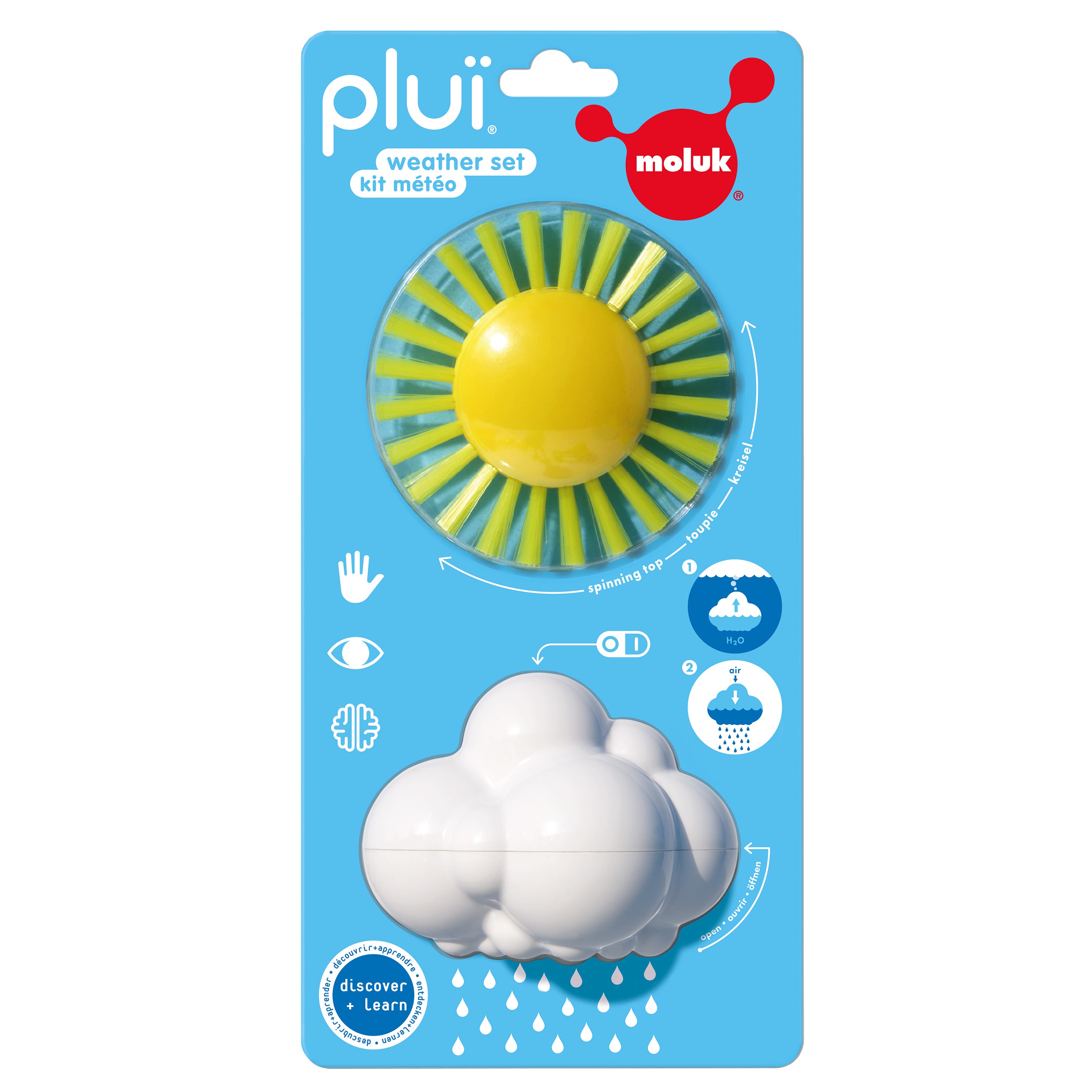 Pluï Weather Set by MOLUK in packaging, featuring the yellow Sunny Brush and white Rain Cloud water toy for sensory bath play.