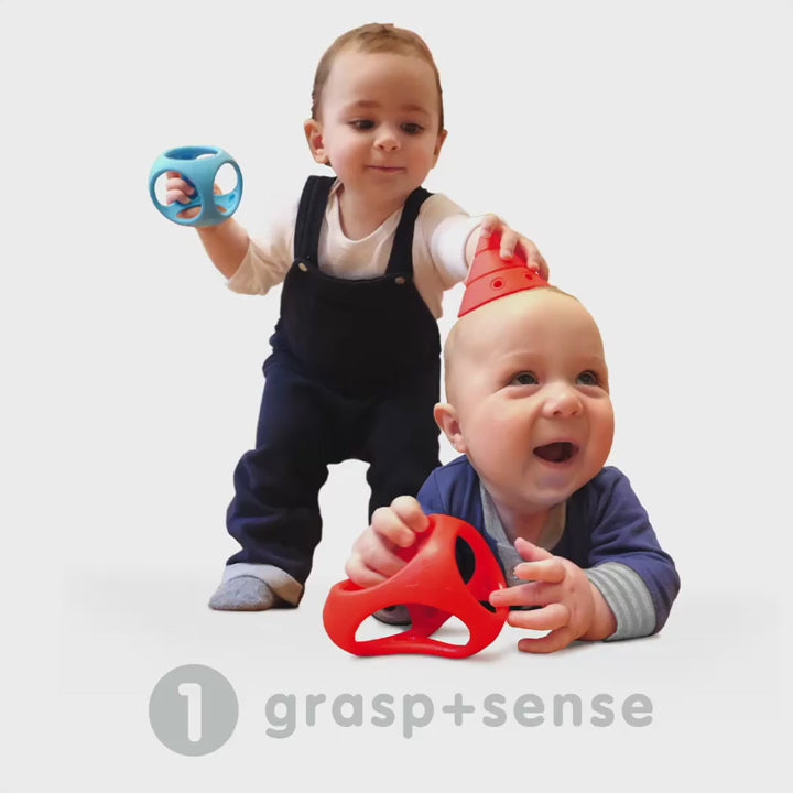 Animation showing the developmental benefits of the MOLUK BUILDING GENIUS: 1 grasp+sense, 2 stack+build, 3 imagine+invent.