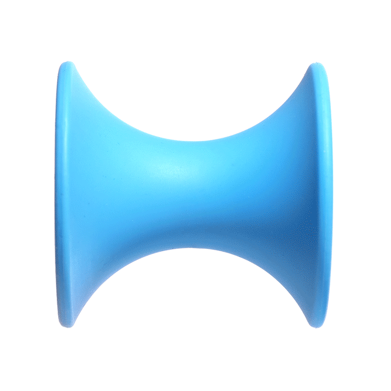 Blue Tulu silicone building block by MOLUK, shaped like a flared tube and shown rotating around its axis.