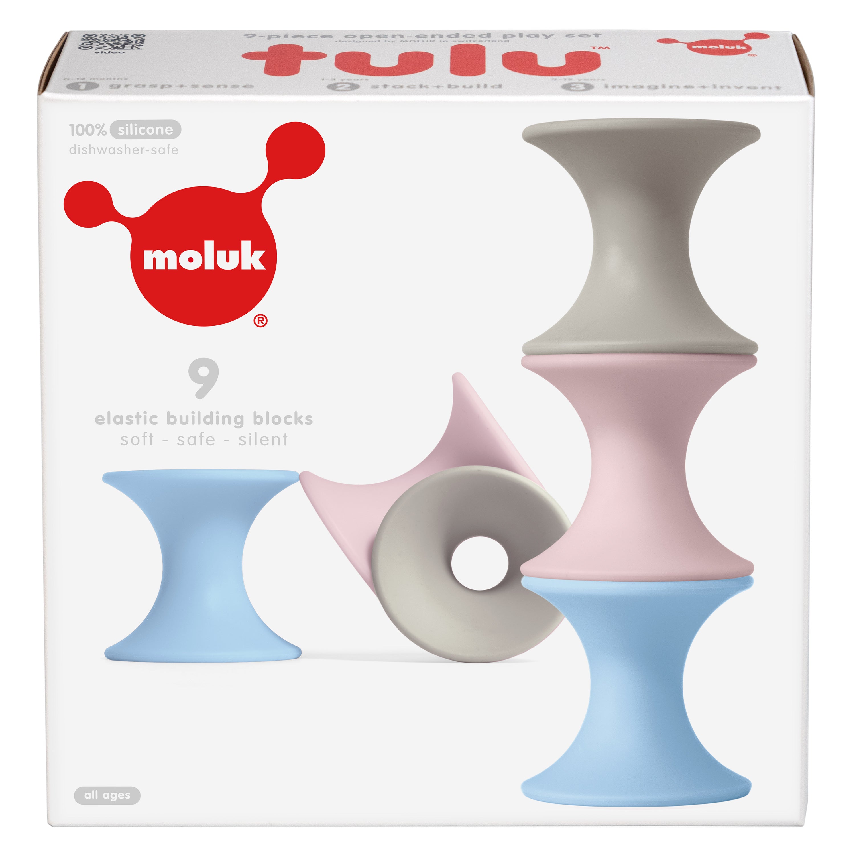 Front of MOLUK’s Tulu box showing nine elastic silicone building blocks in pastel colors, designed for stacking, connecting, and open-ended play.