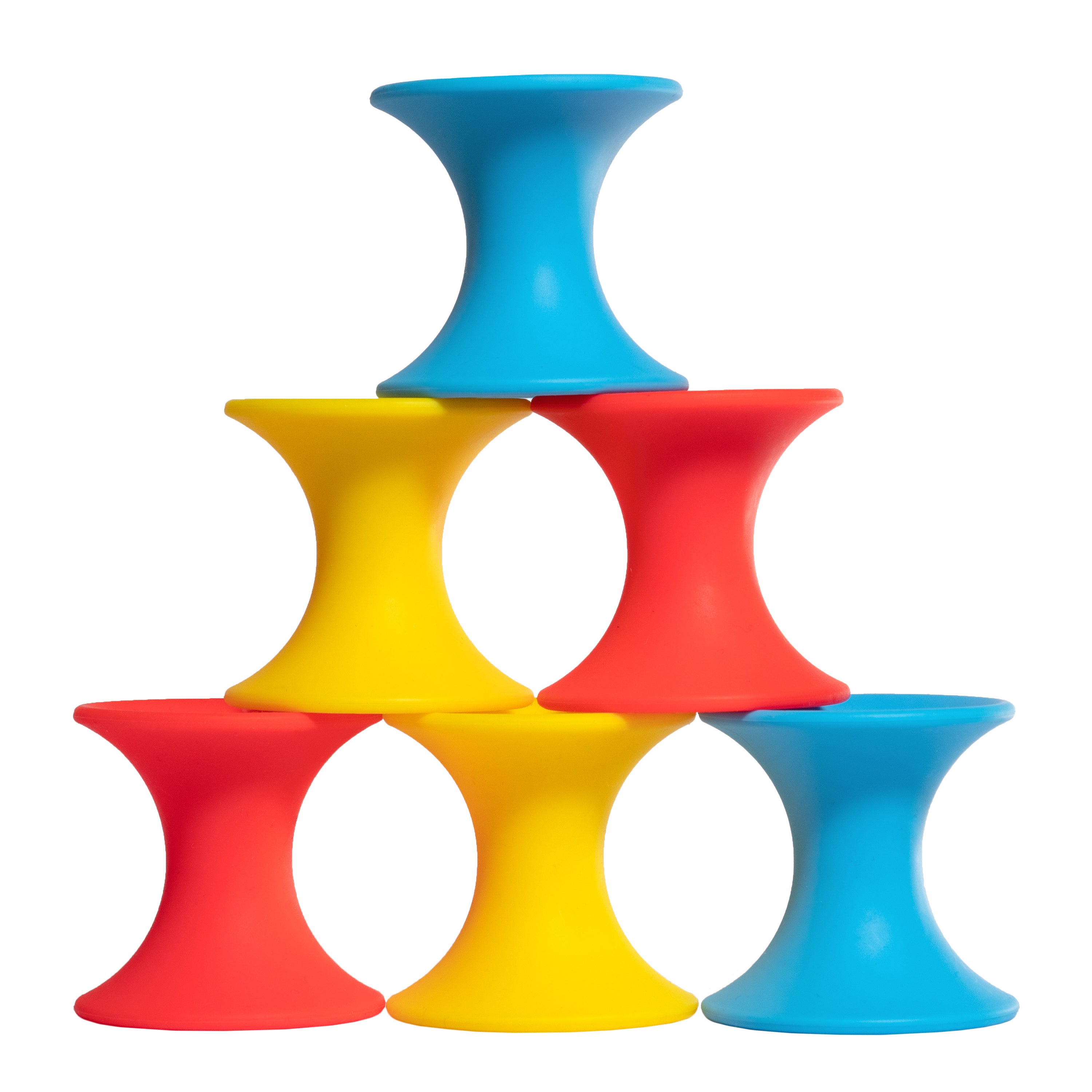 Six Tulu silicone building blocks by MOLUK in bright primary colors, stacked together to form a playful pyramid.