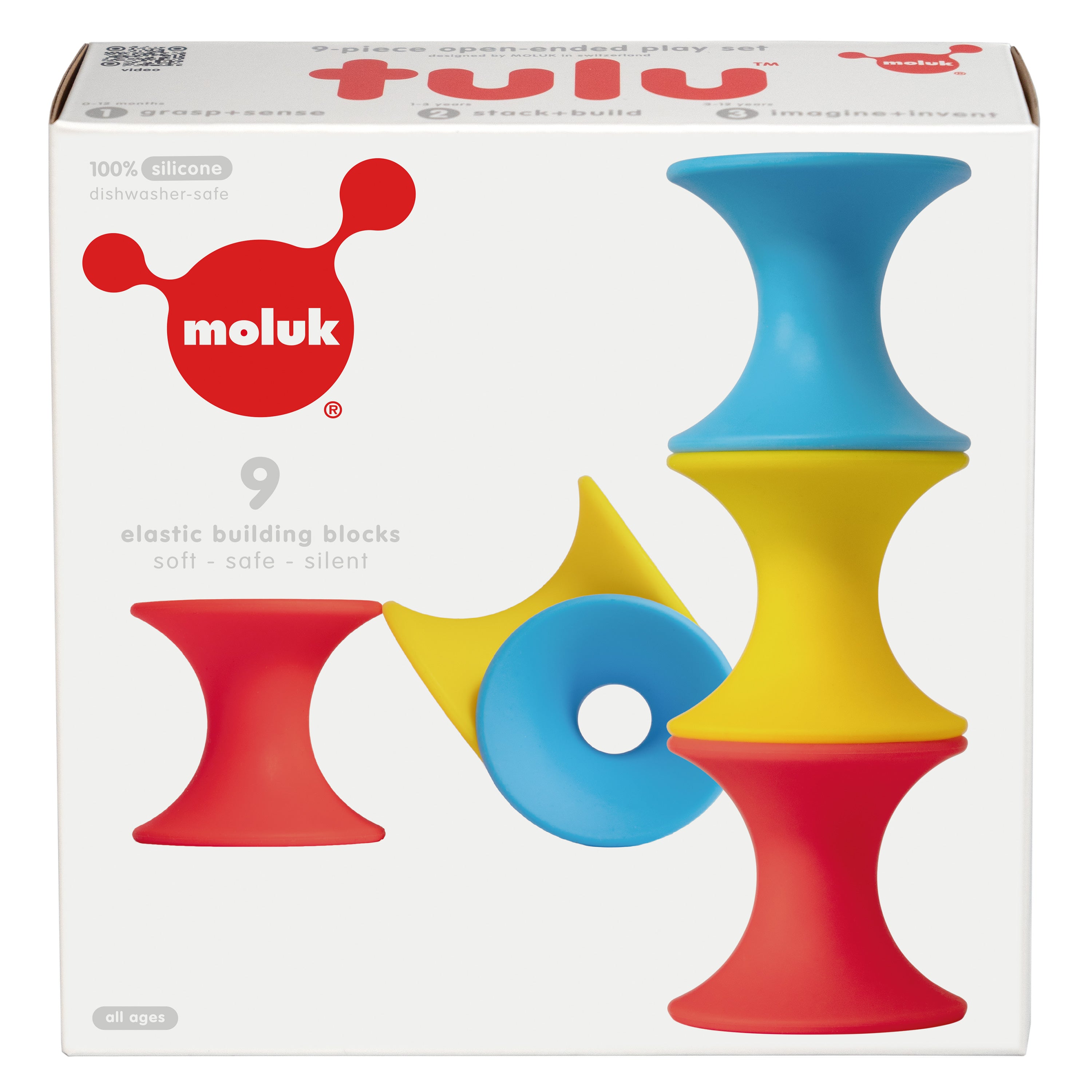 Front of MOLUK’s Tulu box showing nine elastic silicone building blocks in red, yellow, and blue, designed for stacking, connecting, and open-ended play.