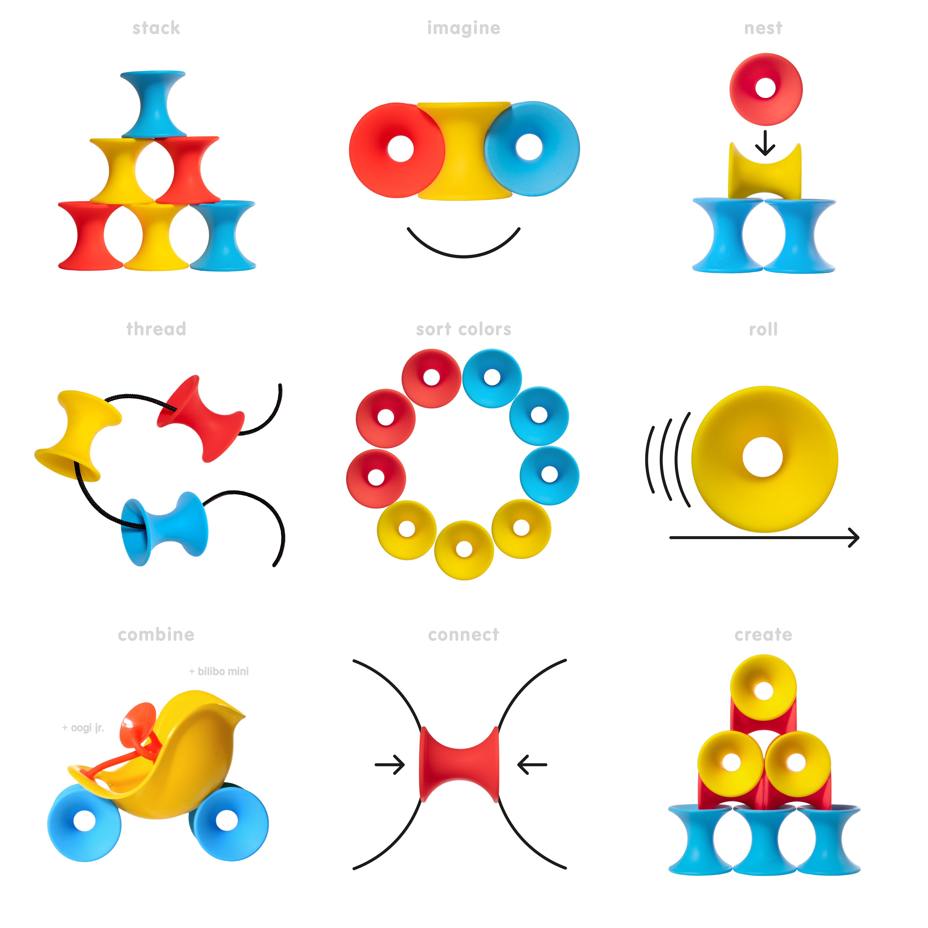 Chart showing nine creative ways to play with Tulu silicone building blocks by MOLUK, including stacking, nesting, threading, sorting, rolling, connecting, and combining with other toys.