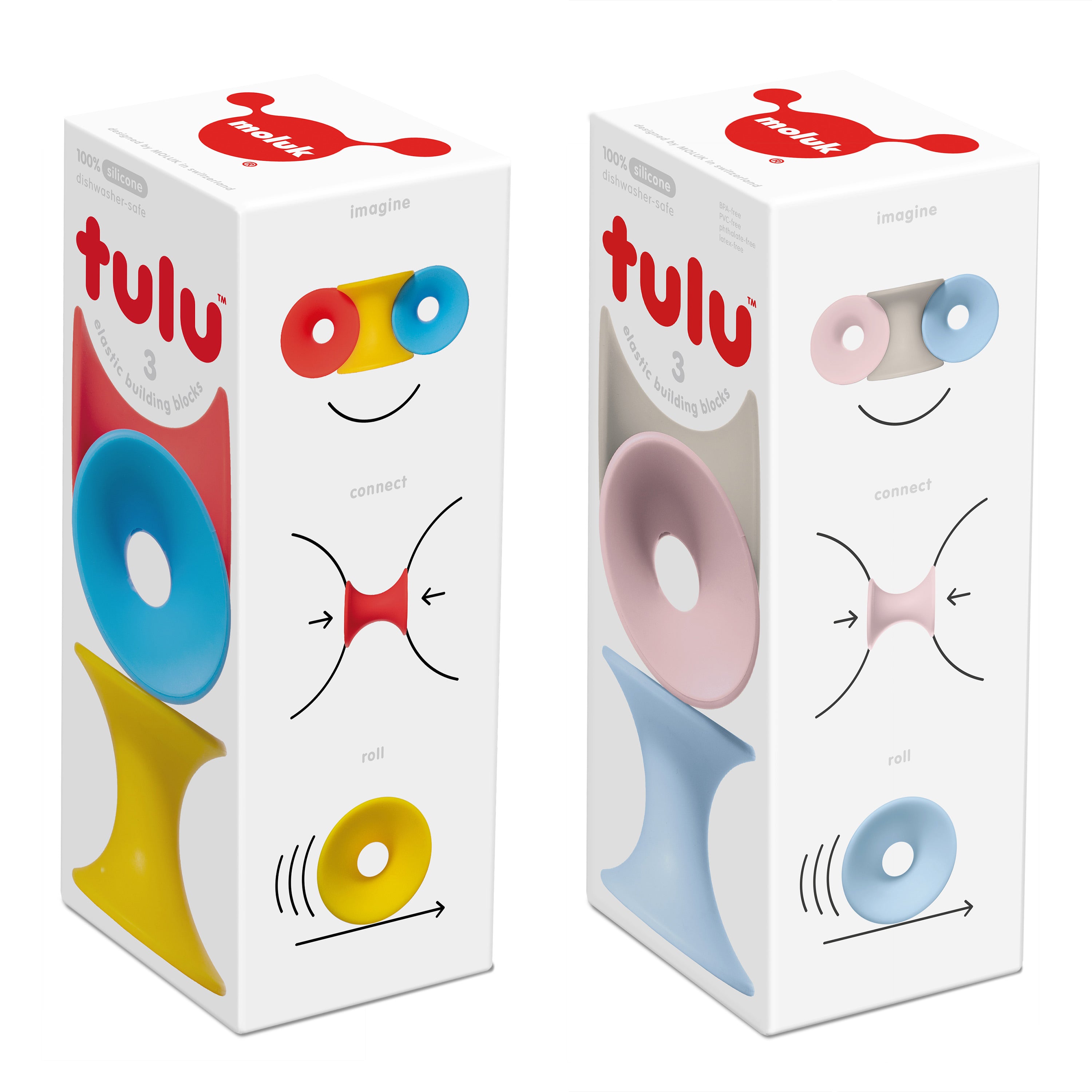 Tulu 3-piece boxes in primary and pastel colors, designed for grasping, teething, and stacking.
