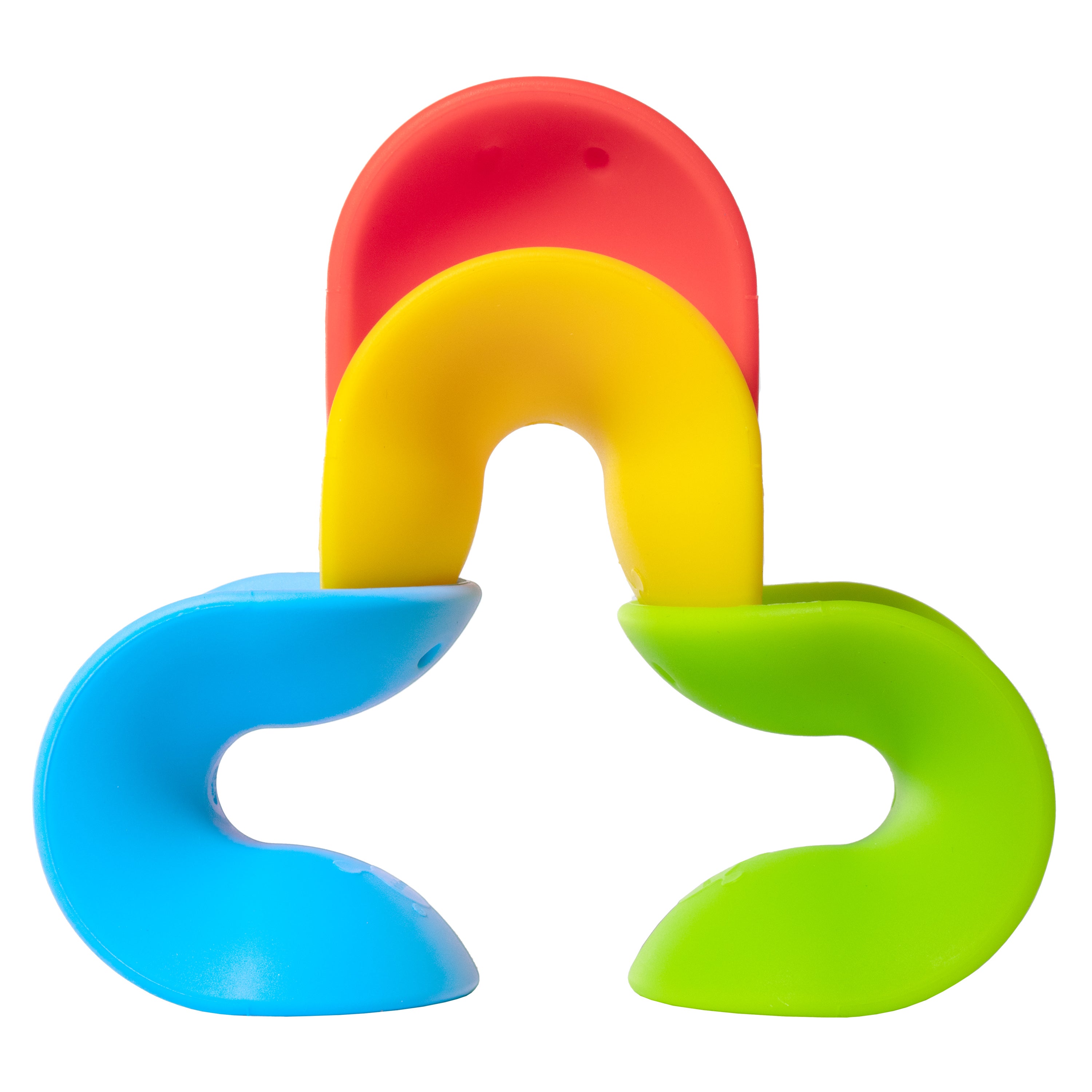 Colorful Ulu baby teething toys in red, yellow, blue, and green, stacking and nesting.