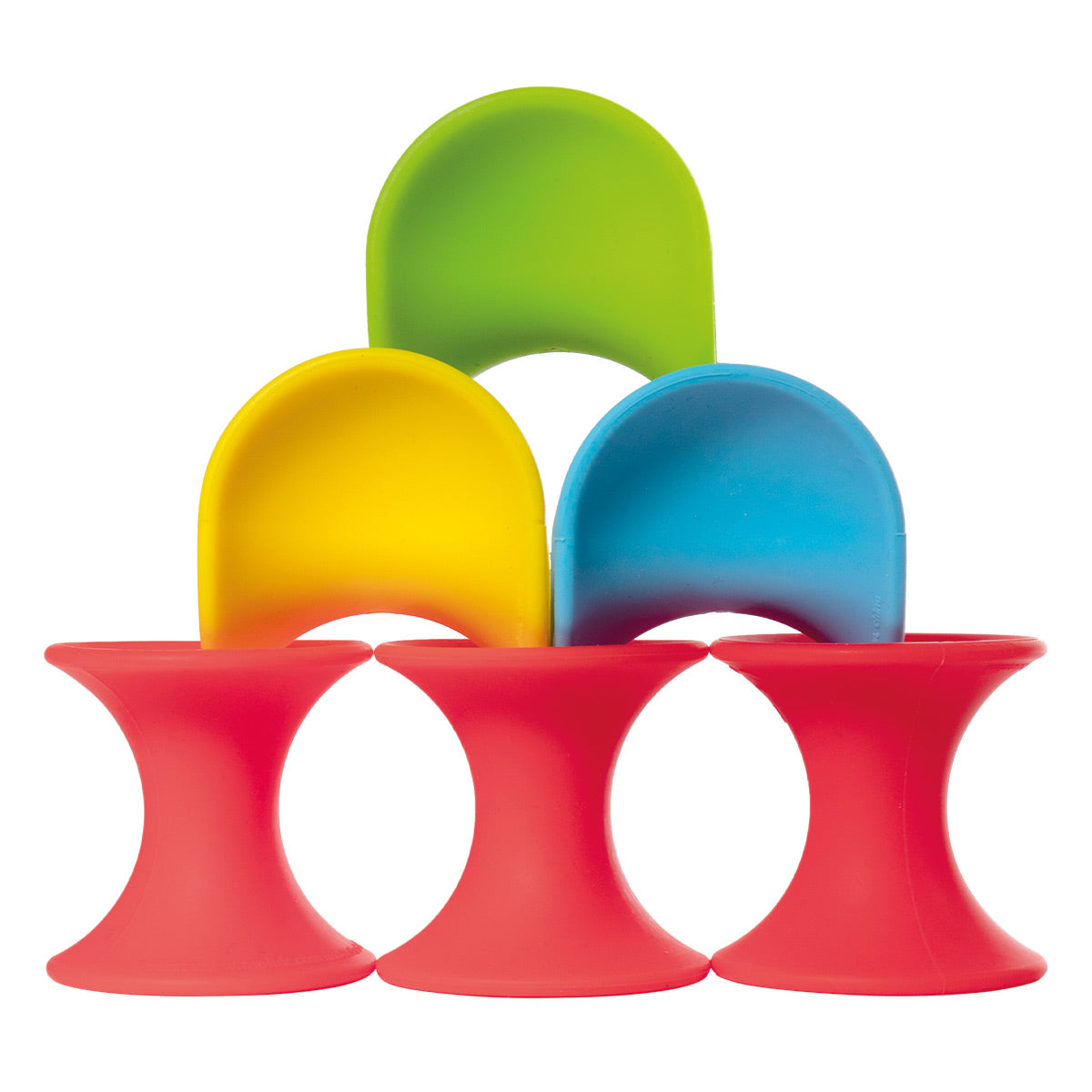 Ulu and Tulu silicone building blocks by MOLUK form a playful pyramid.