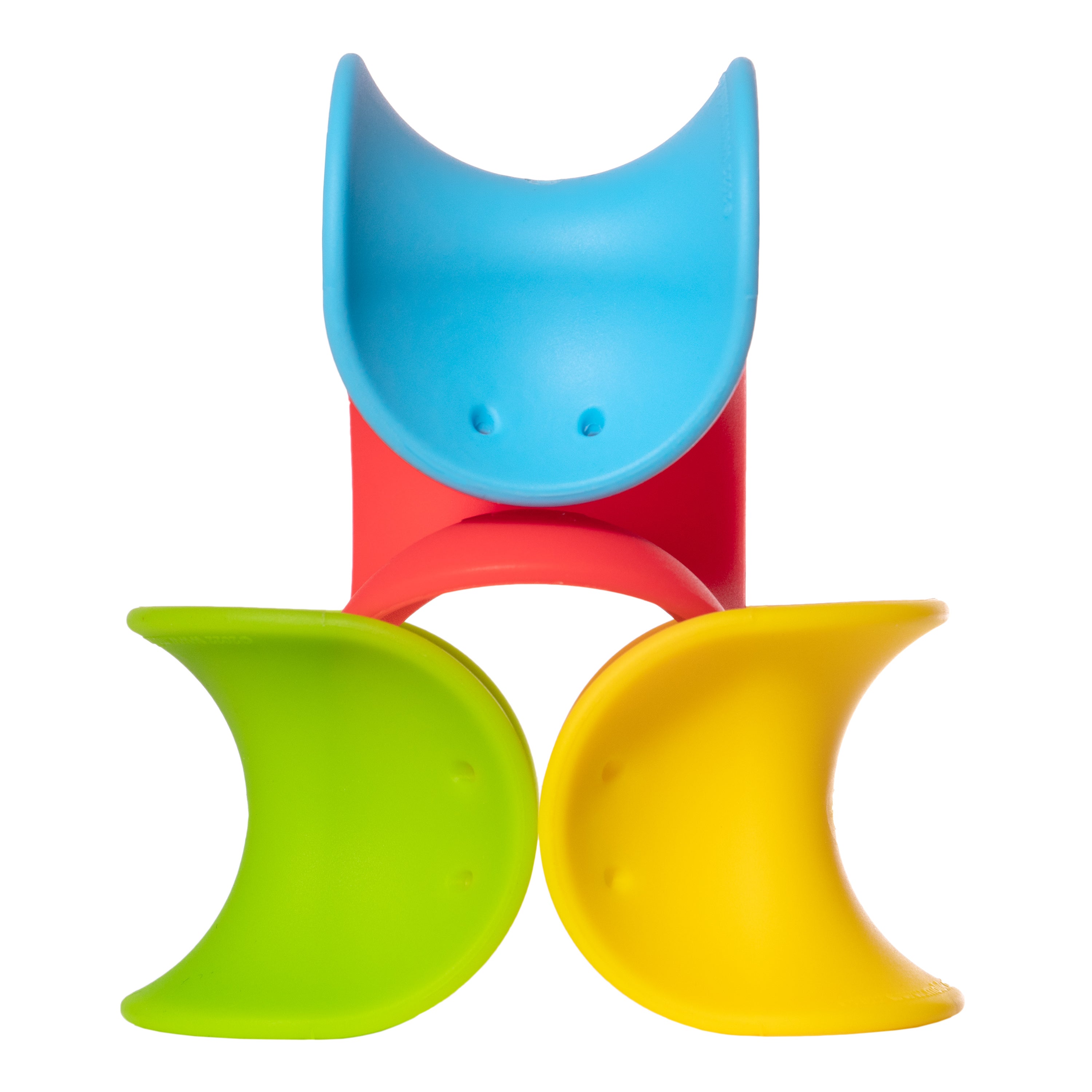 Colorful Ulu baby sensory toys in red, yellow, blue, and green, nesting and stacking to form a fantasy character.