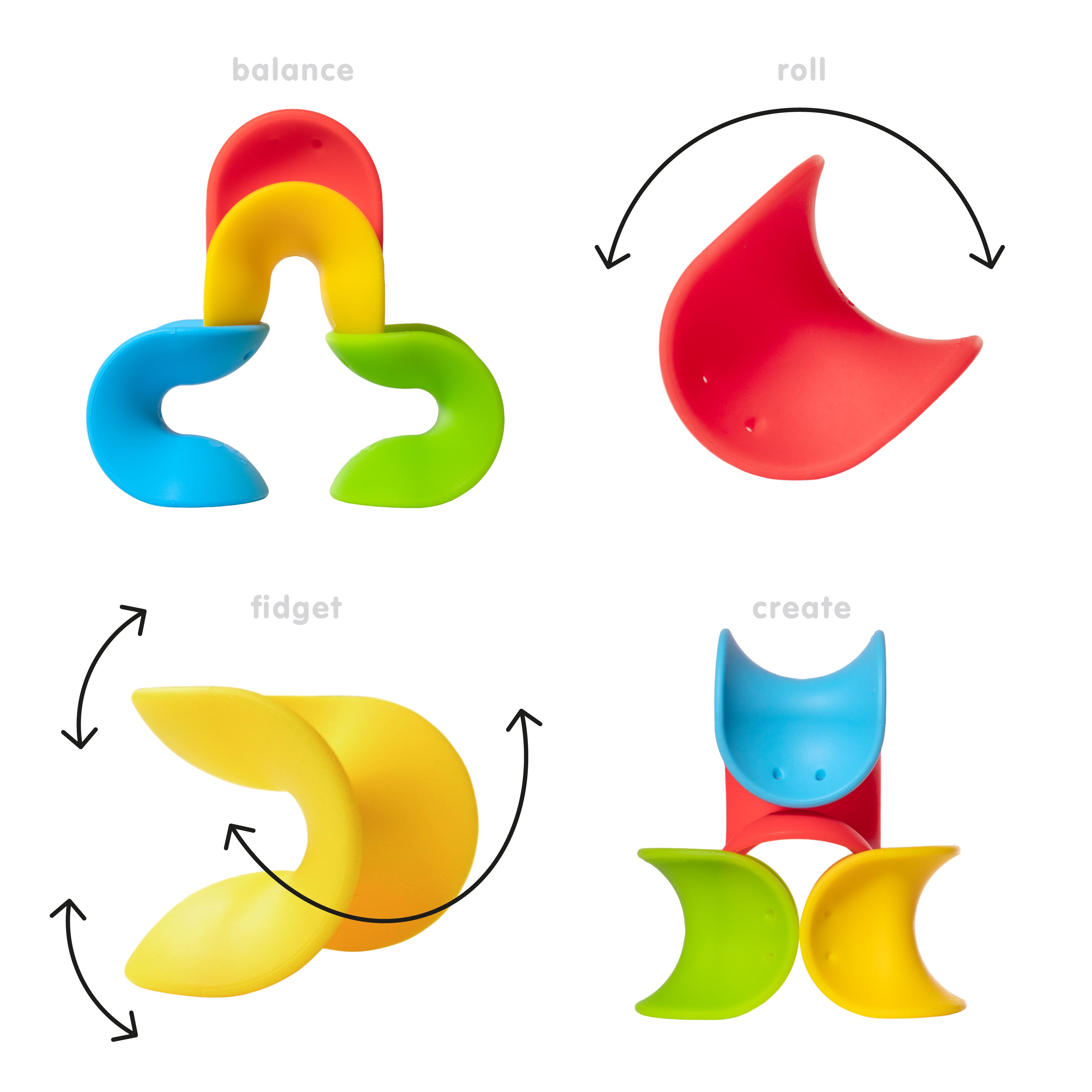 Ulu sensory wobble toy by MOLIUK shown in different configurations and uses: balance - roll - fidget - create