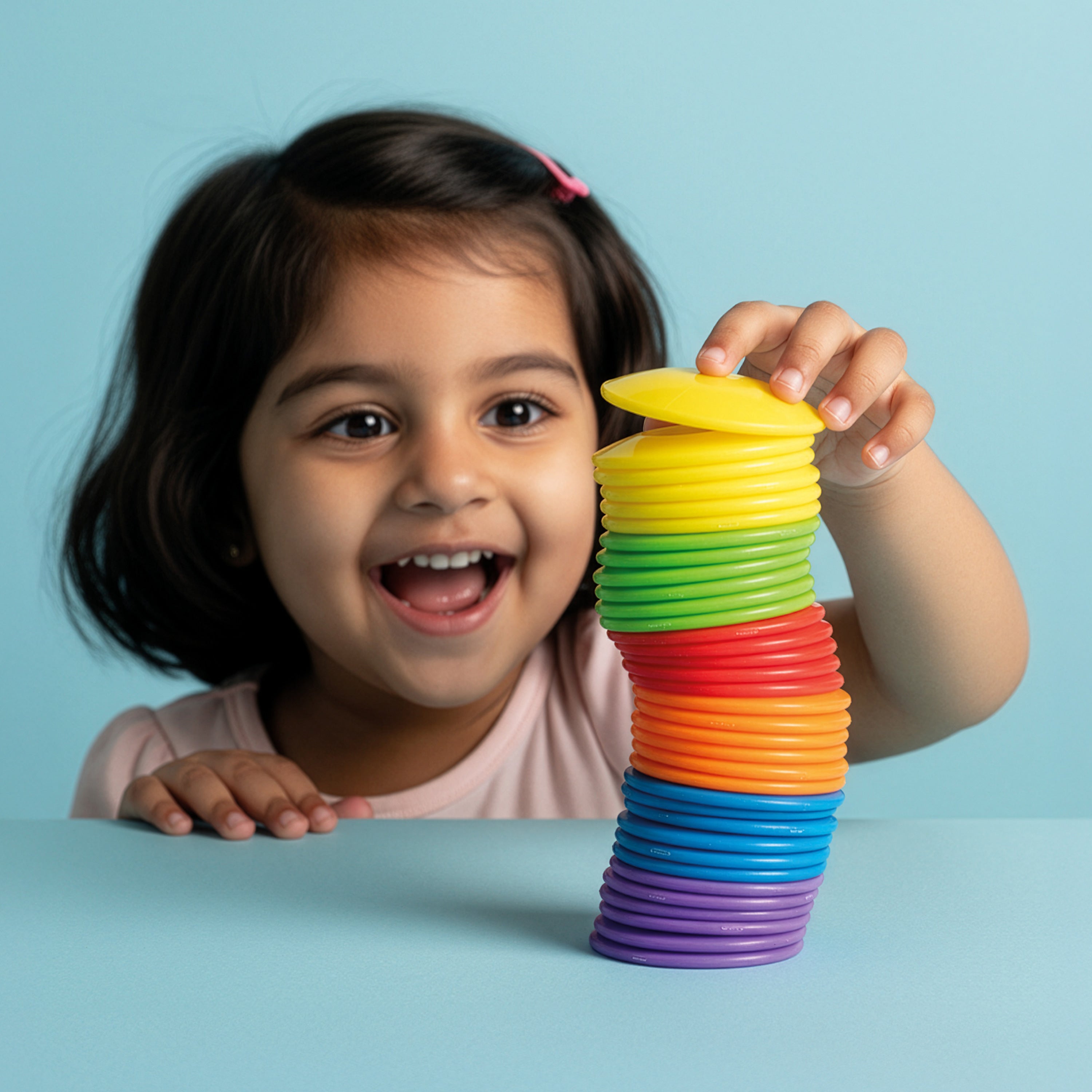Smiling child stacking colorful Bilibo Dots into a rainbow tower – fine motor and sorting play by MOLUK
