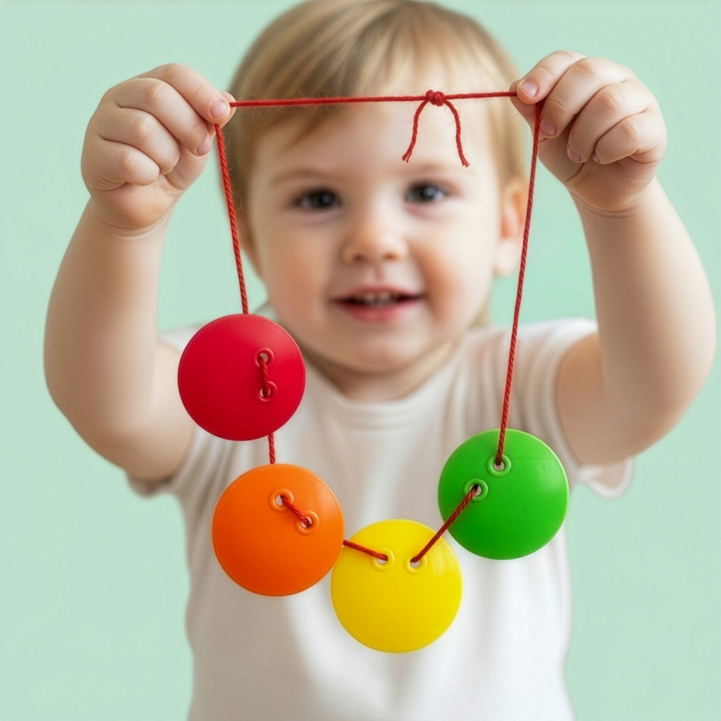 Toddler threading colorful Bilibo Dots onto a red string to create a necklace – fine motor and sensory play activity by MOLUK