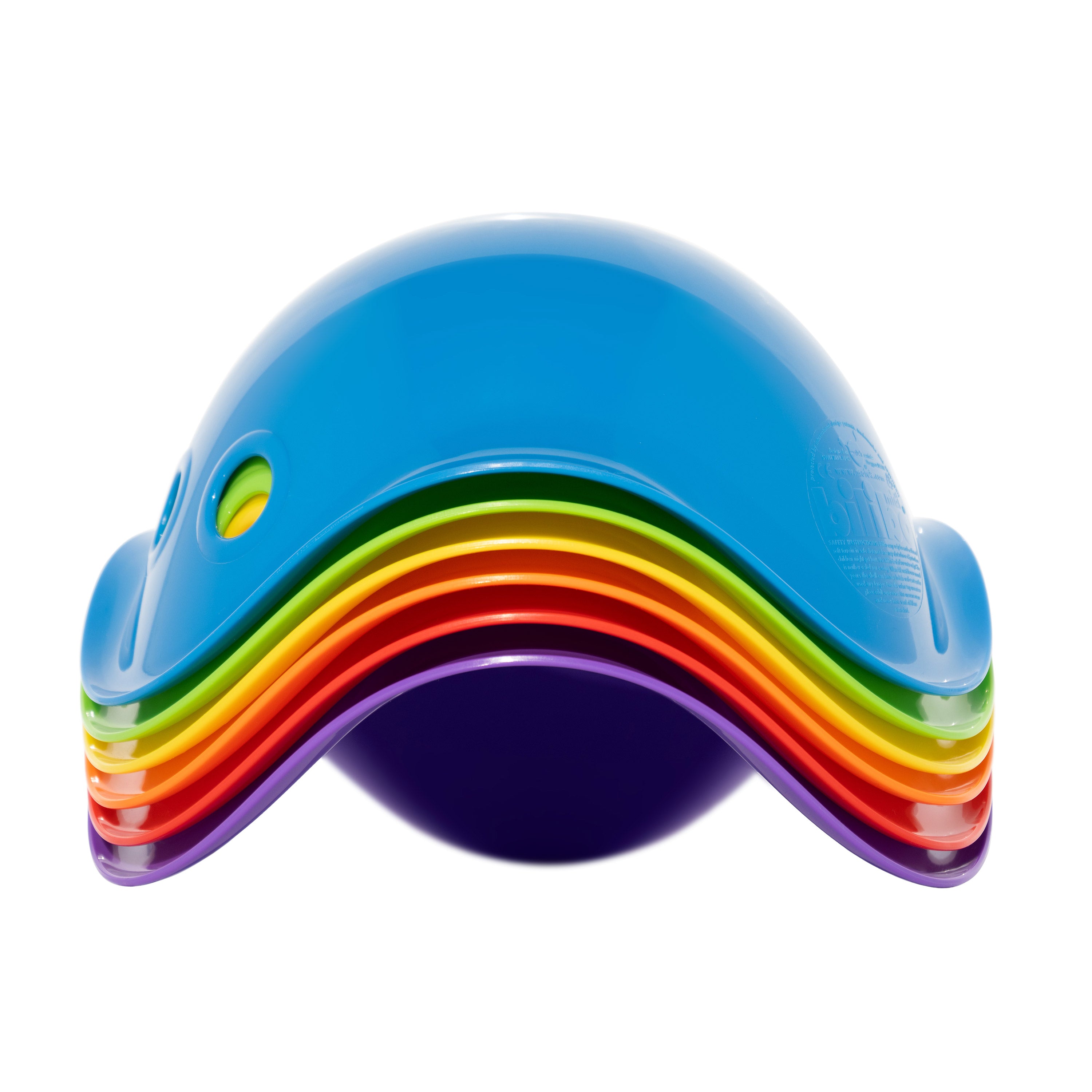 Stacked Bilibo Midi shells in rainbow colors – space-saving nesting design