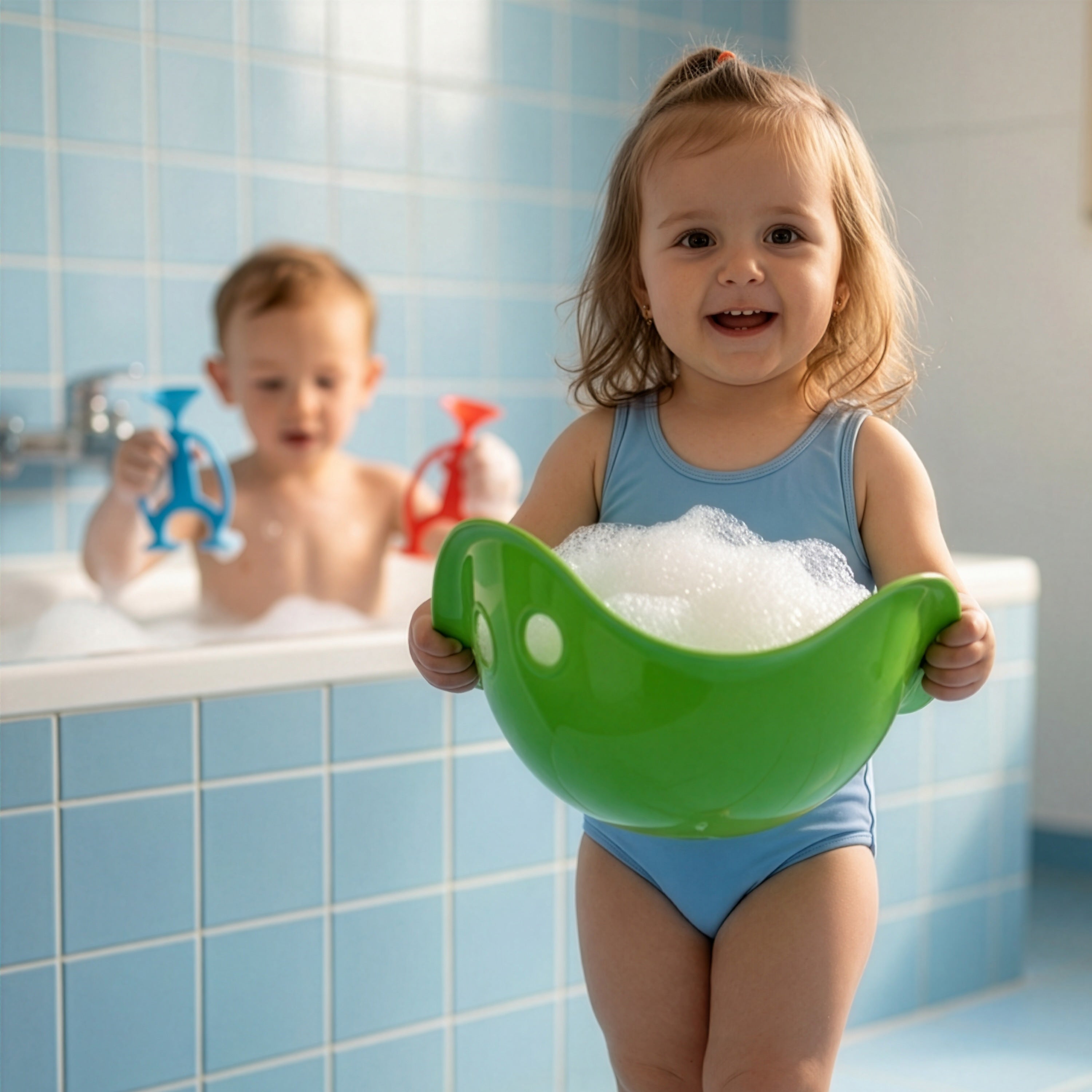Toddler holding green Bilibo Midi filled with bath bubbles – sensory water play

