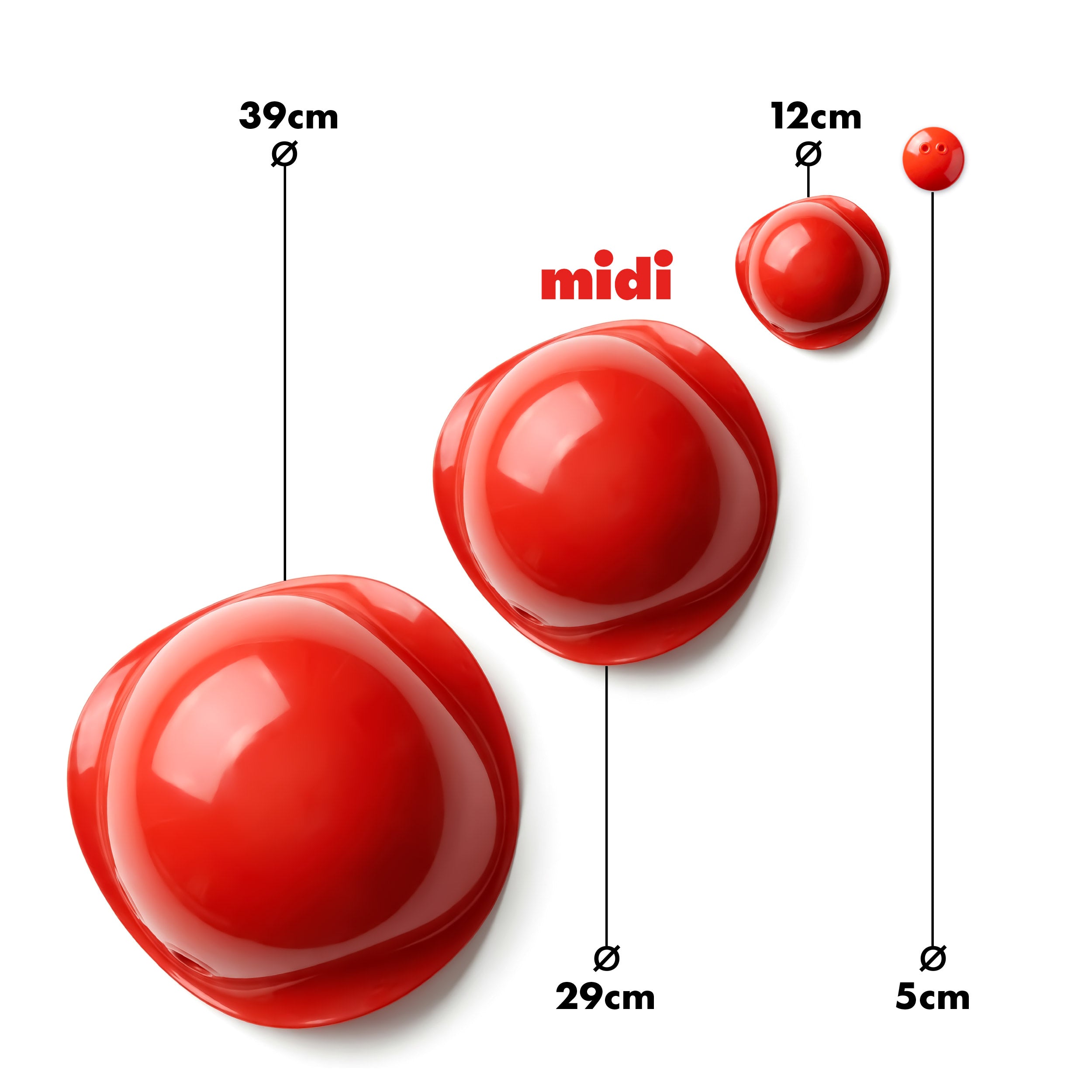 Size comparison of Bilibo, Bilibo Midi, Bilibo Mini, and Bilibo Dots with diameter measurements in centimeter.