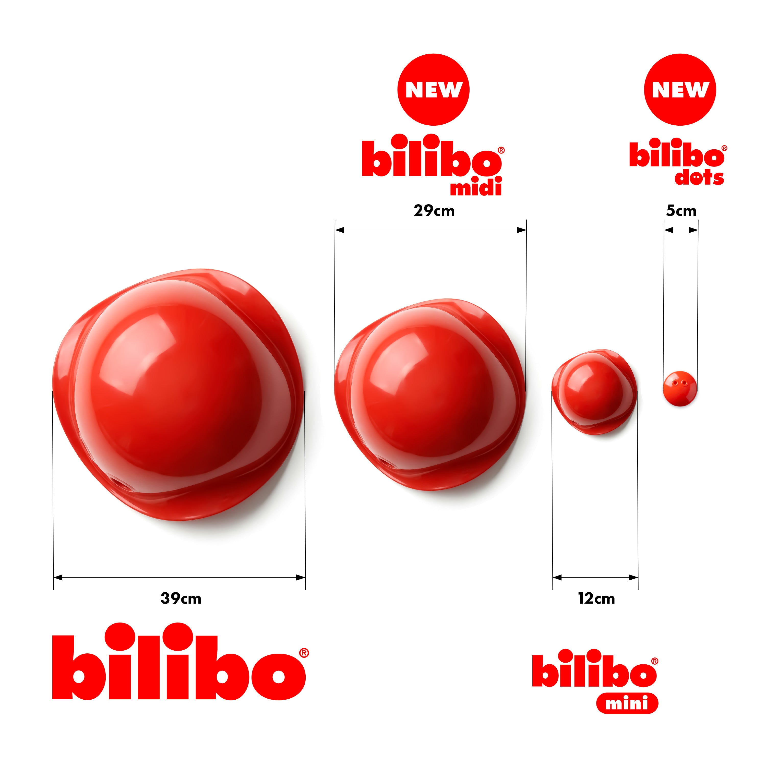 Size comparison of Bilibo, Bilibo Midi, Bilibo Mini, and Bilibo Dots with measurements in centimeters.