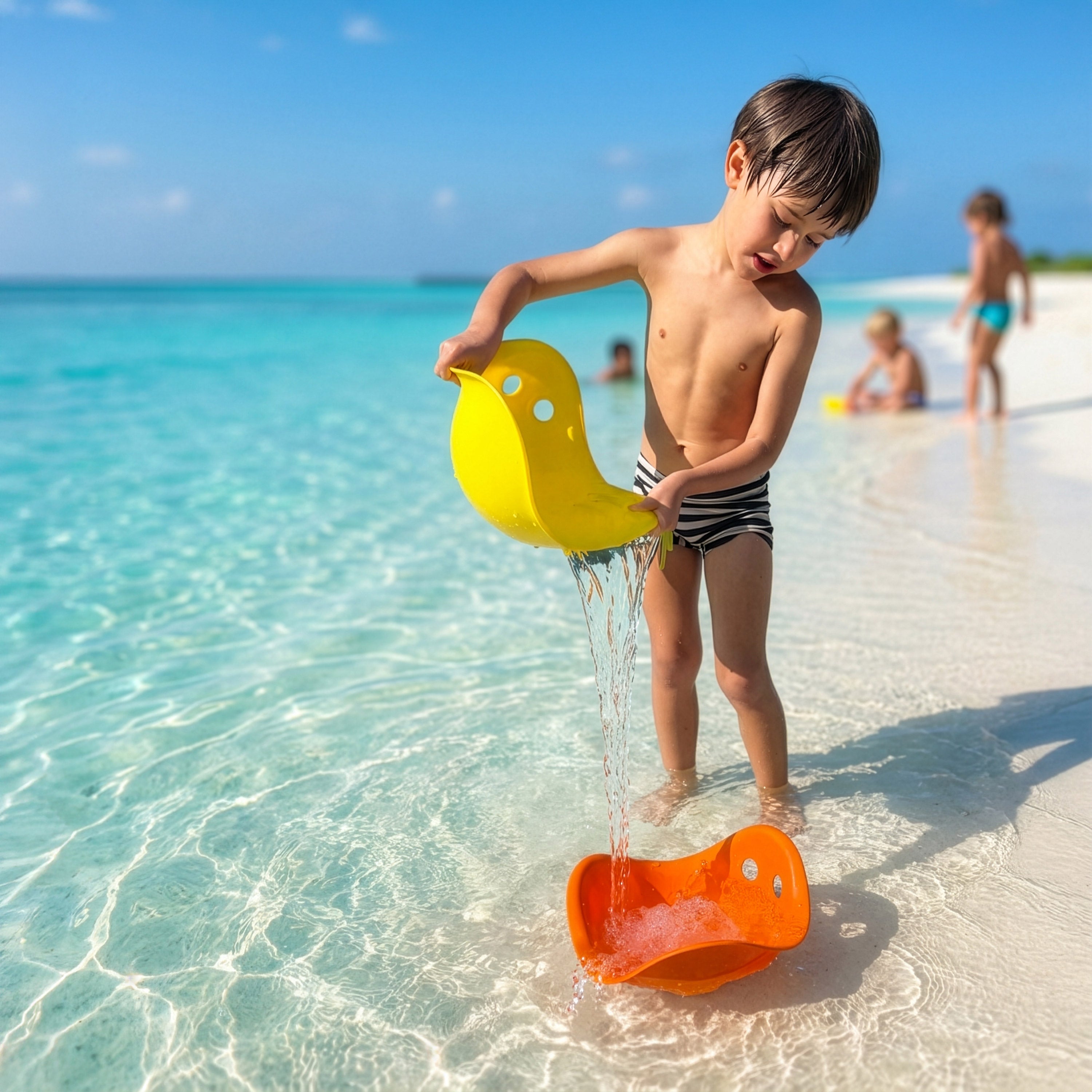 Child pouring water with yellow Bilibo Midi shell at the beach – open-ended water play