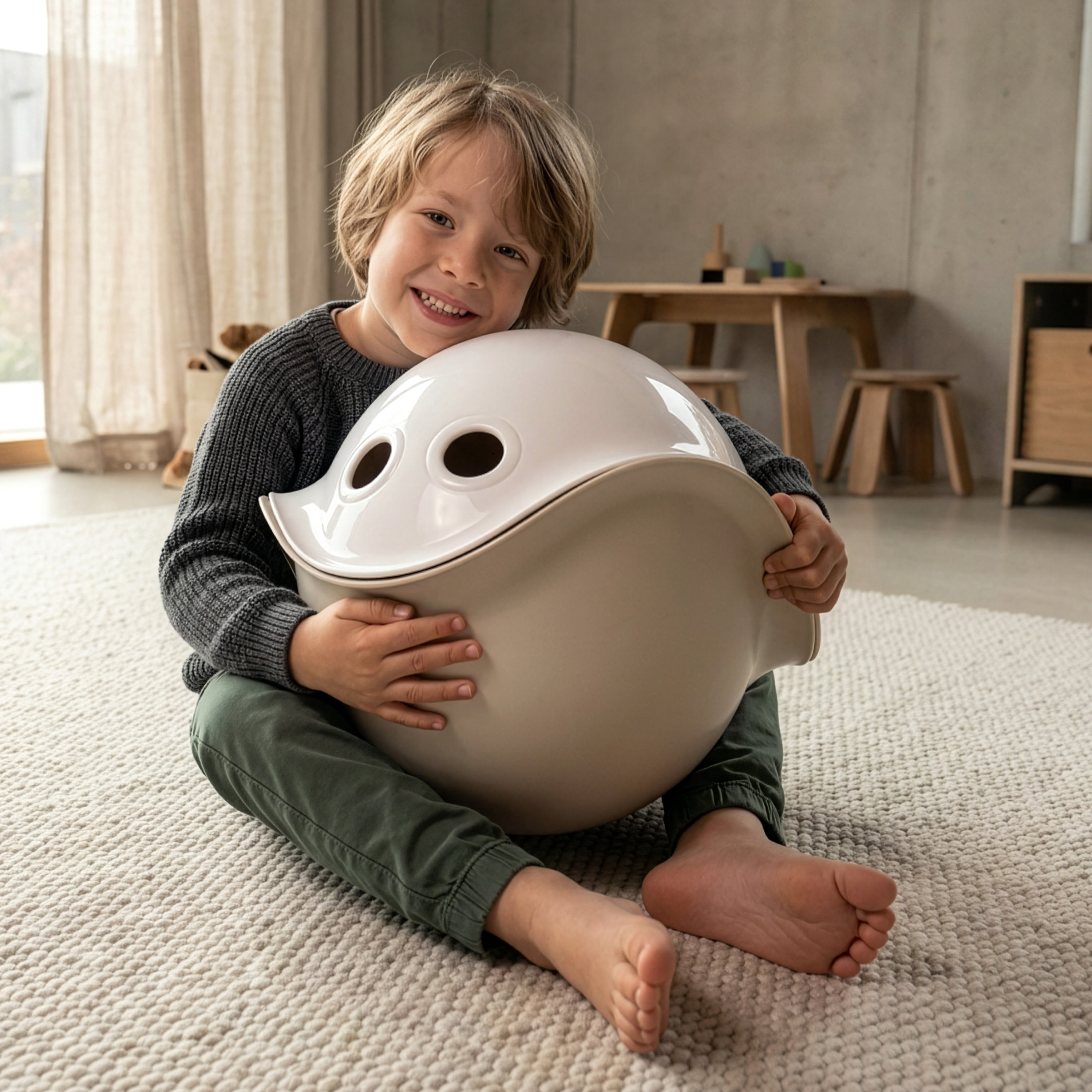 Boy holding two Bilibo play shells in white and beige, forming a smiling sphere, in a bright Montessori-inspired children's room.