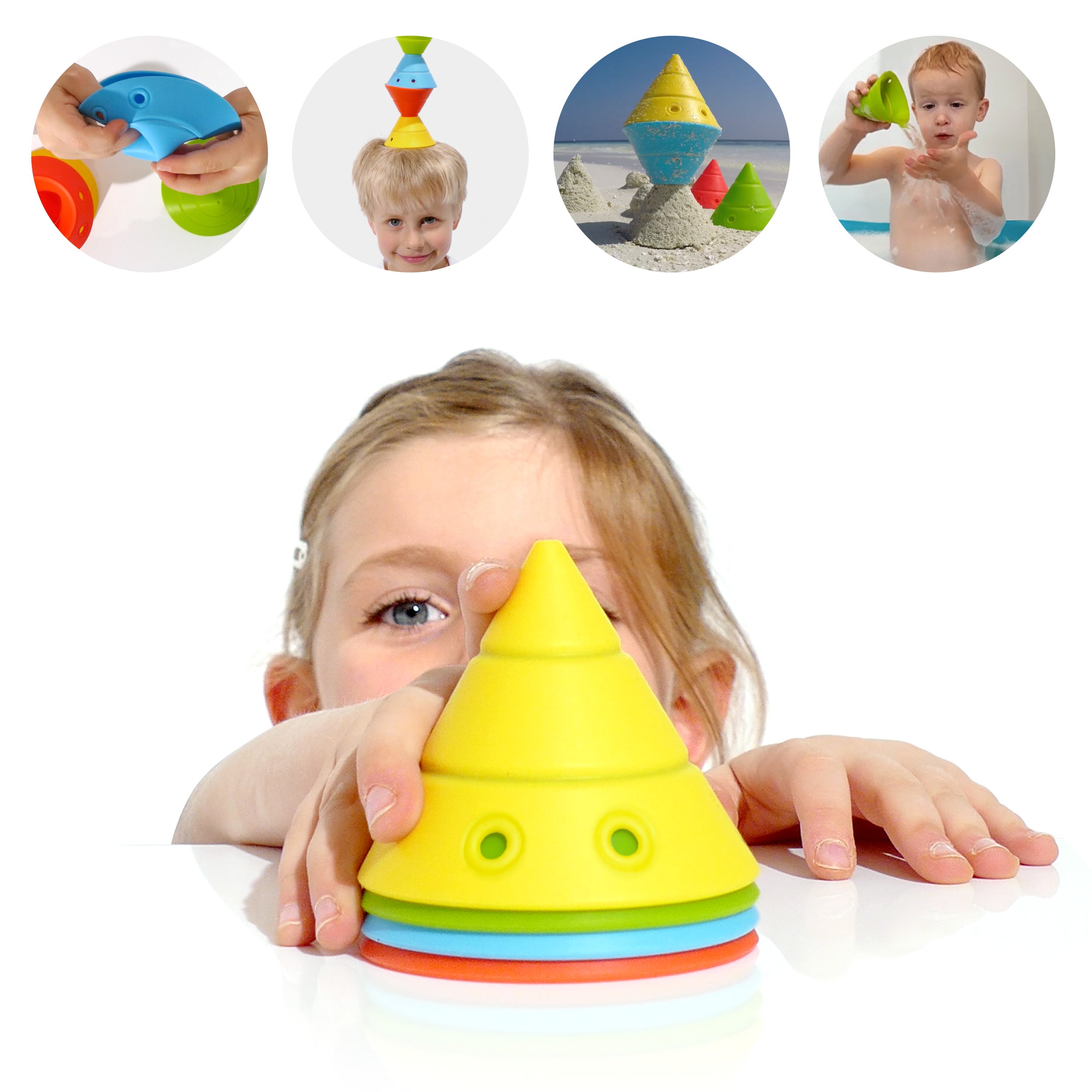 Girl playing with a stack of colorful Hix silicone cones by MOLUK, shown with a collage highlighting their use as fidget toy, balance game, and for play with sand and water.
