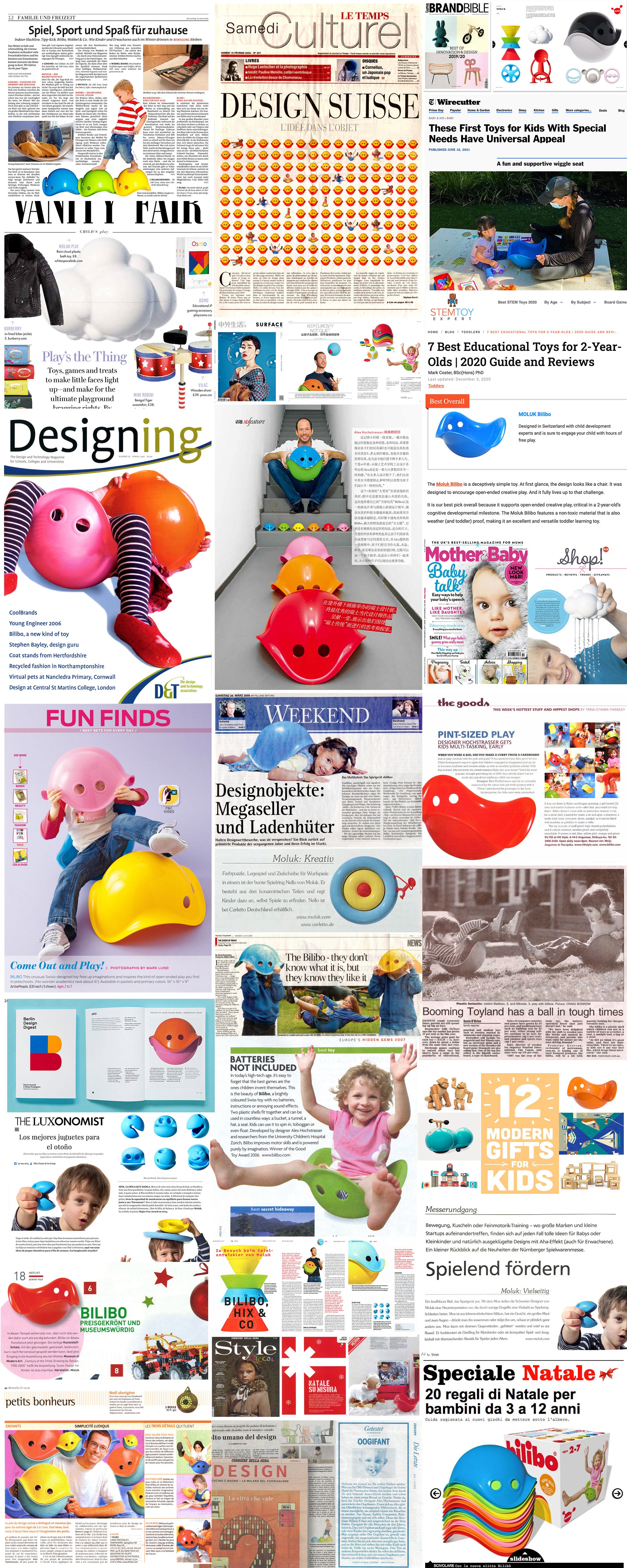 Collage of newspaper articles featuring Bilibo, Plui, and other open-ended MOLUK toys around the world.