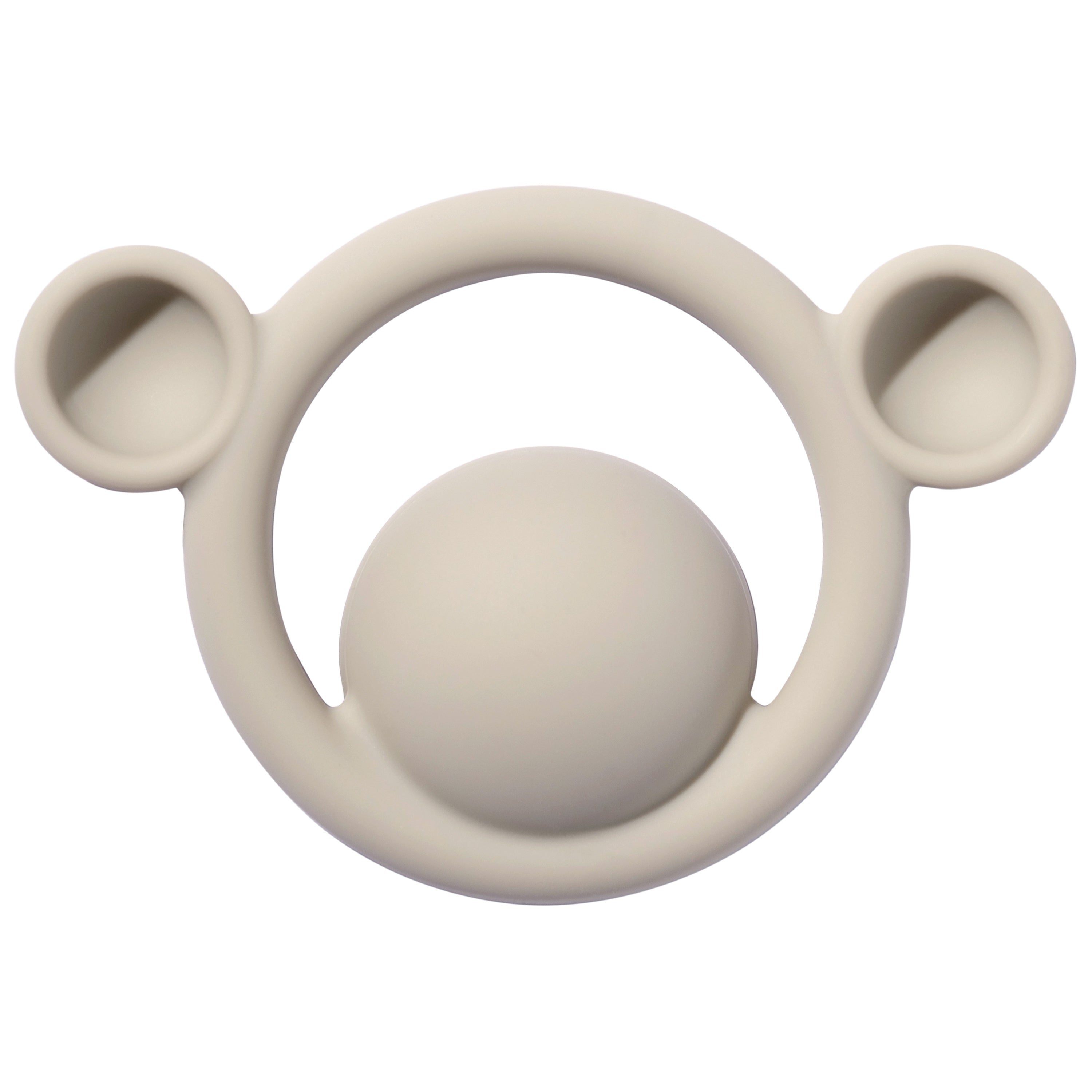 A beige Nogi silicone teething toy by MOLUK, designed for babies, with a simple geometric shape resembling an abstract Koala bear.