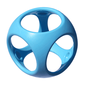 Blue Oibo silicone baby ball and building block by MOLUK, shown rotating around its axis.