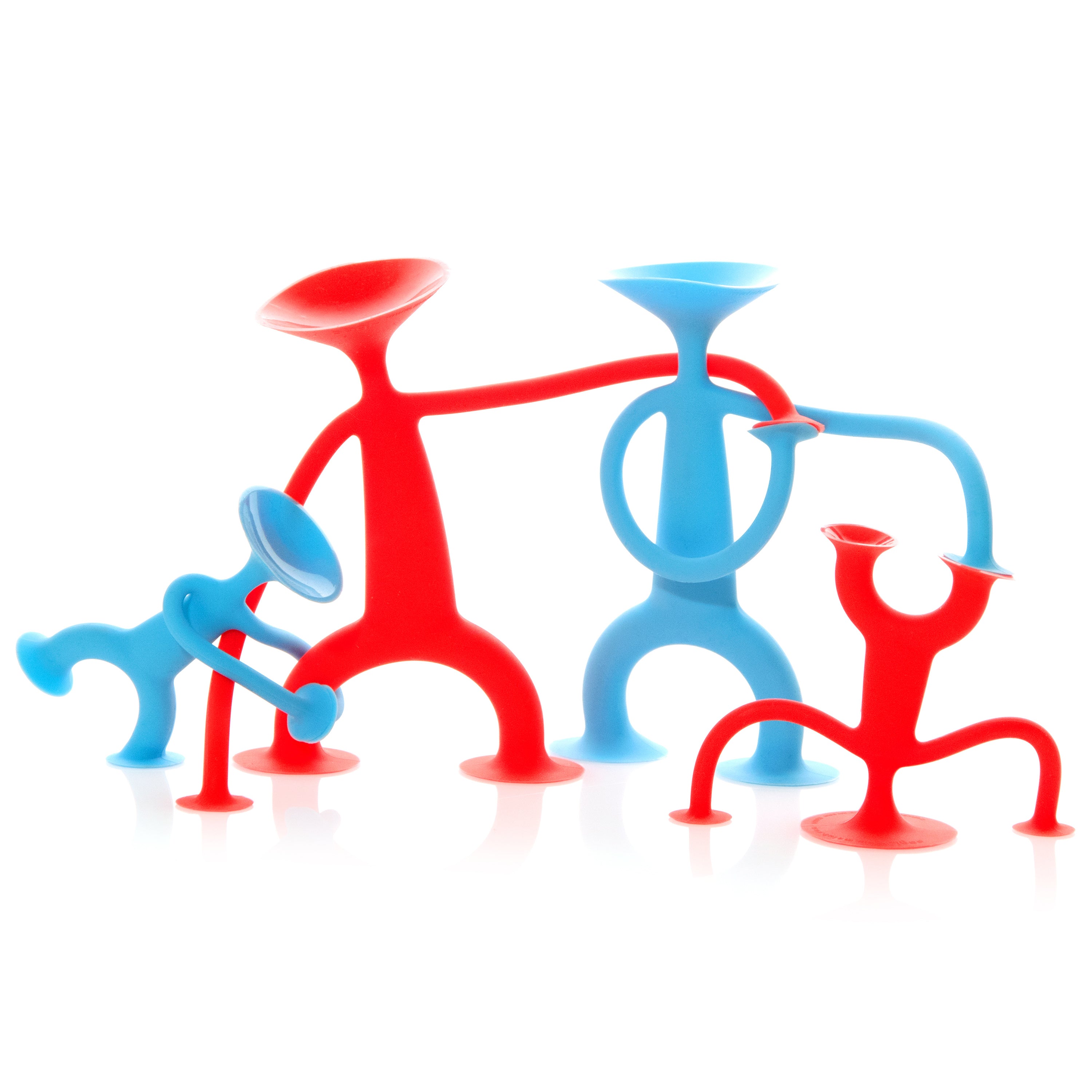 Family of red and blue Oogi silicone suction cup toy figures by MOLUK, sticking together in different poses.