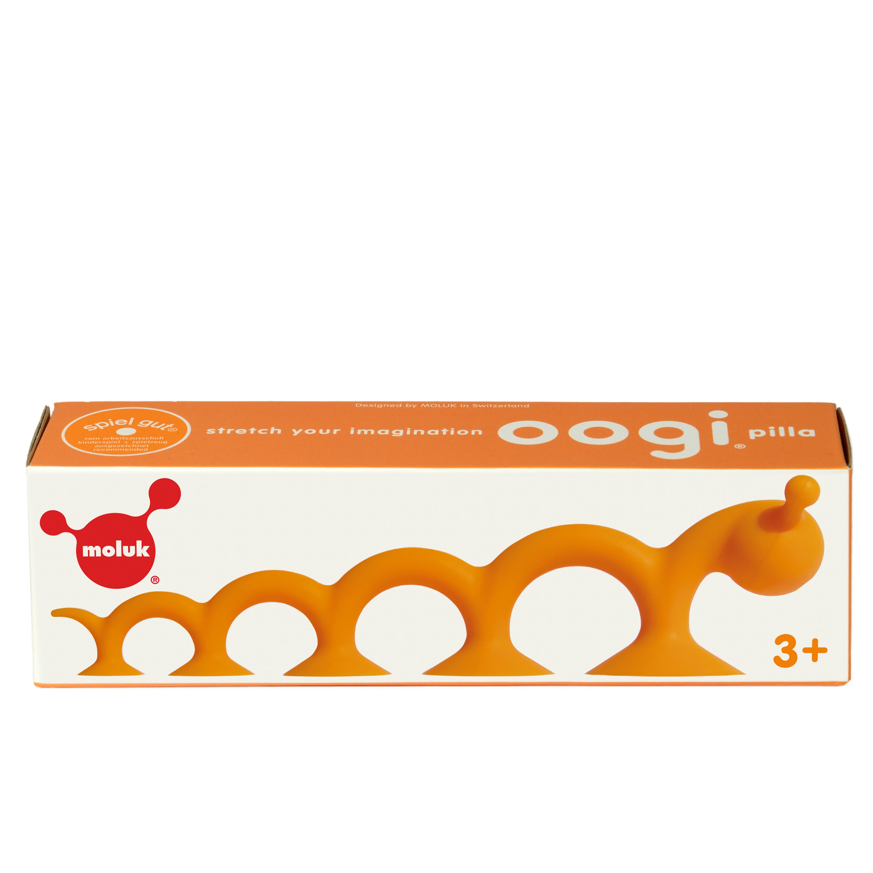 Gift box of Oogi Pilla by MOLUK, an orange silicone suction cup sensory toy recommended for ages 3 and up.