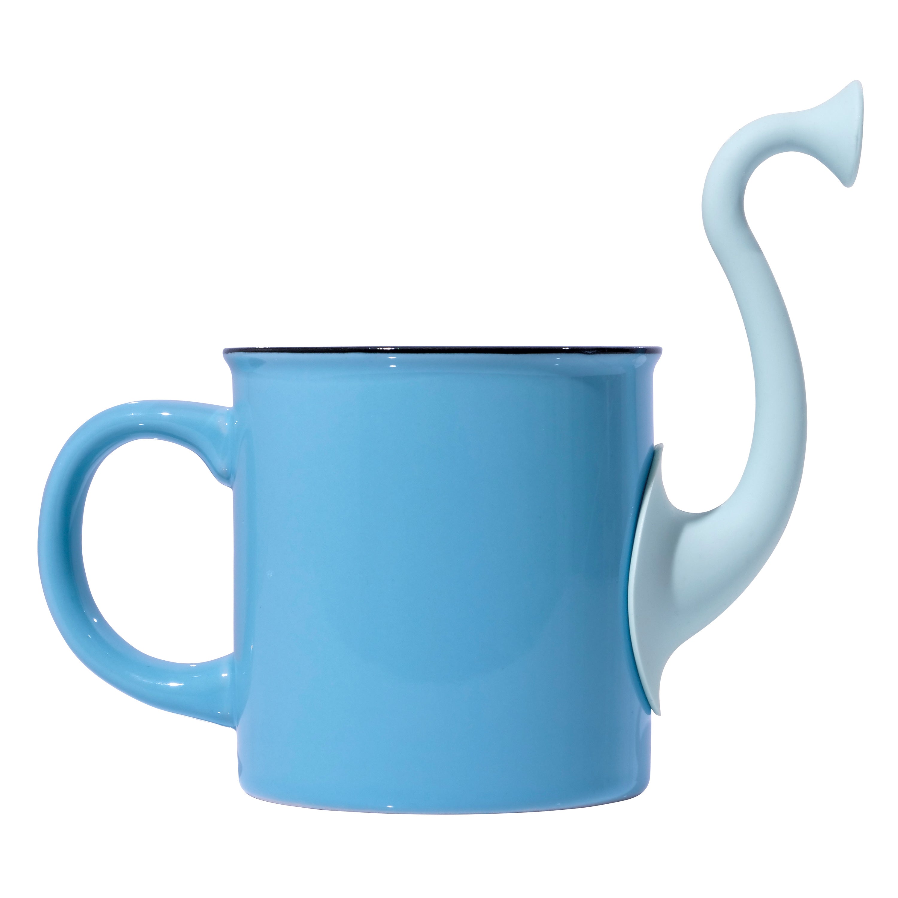 Oogifant by MOLUK, a light blue silicone suction cup toy shaped like an elephant trunk, attached to a blue mug.