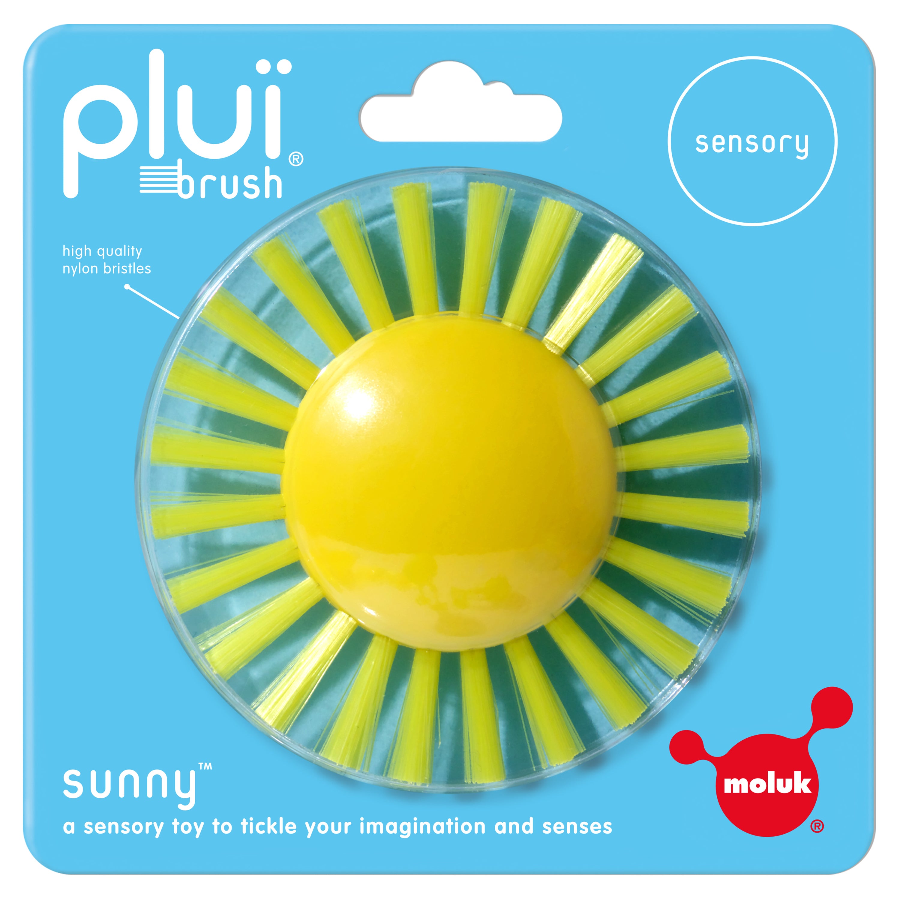 Pluï Brush Sunny by MOLUK, a yellow sun-shaped sensory brush shown in its blue packaging.