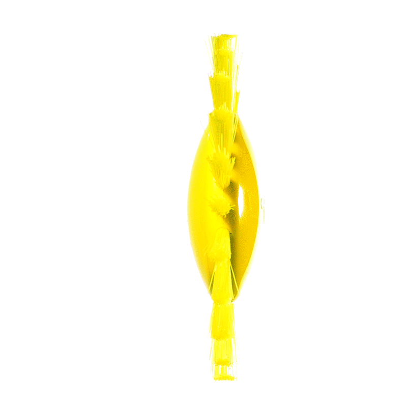 Pluï Brush Sunny by MOLUK, a yellow sun-shaped sensory brush, is shown revolving around its axis.