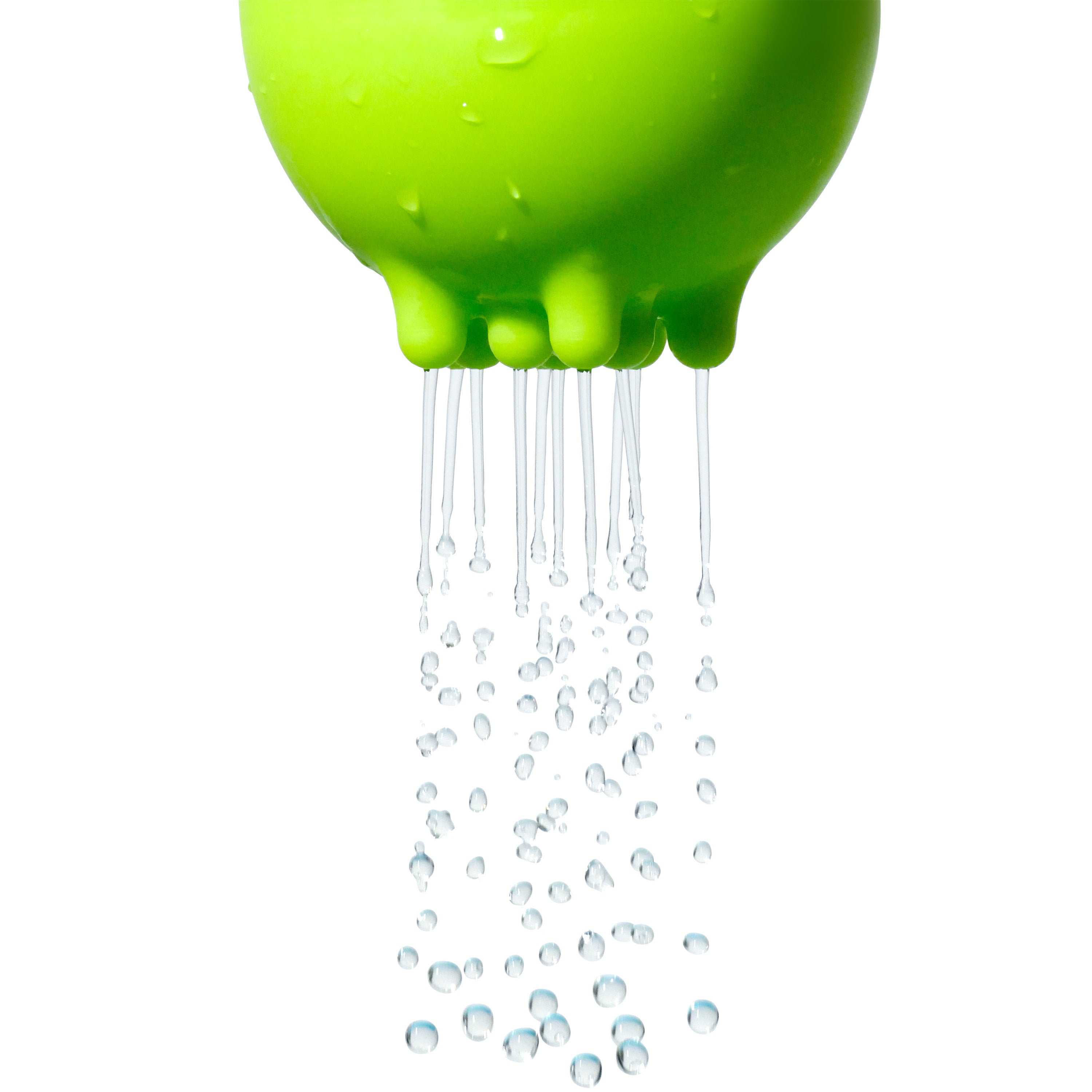 Lower half of a green Plui Rainball bath toy in silicone shown raining water.