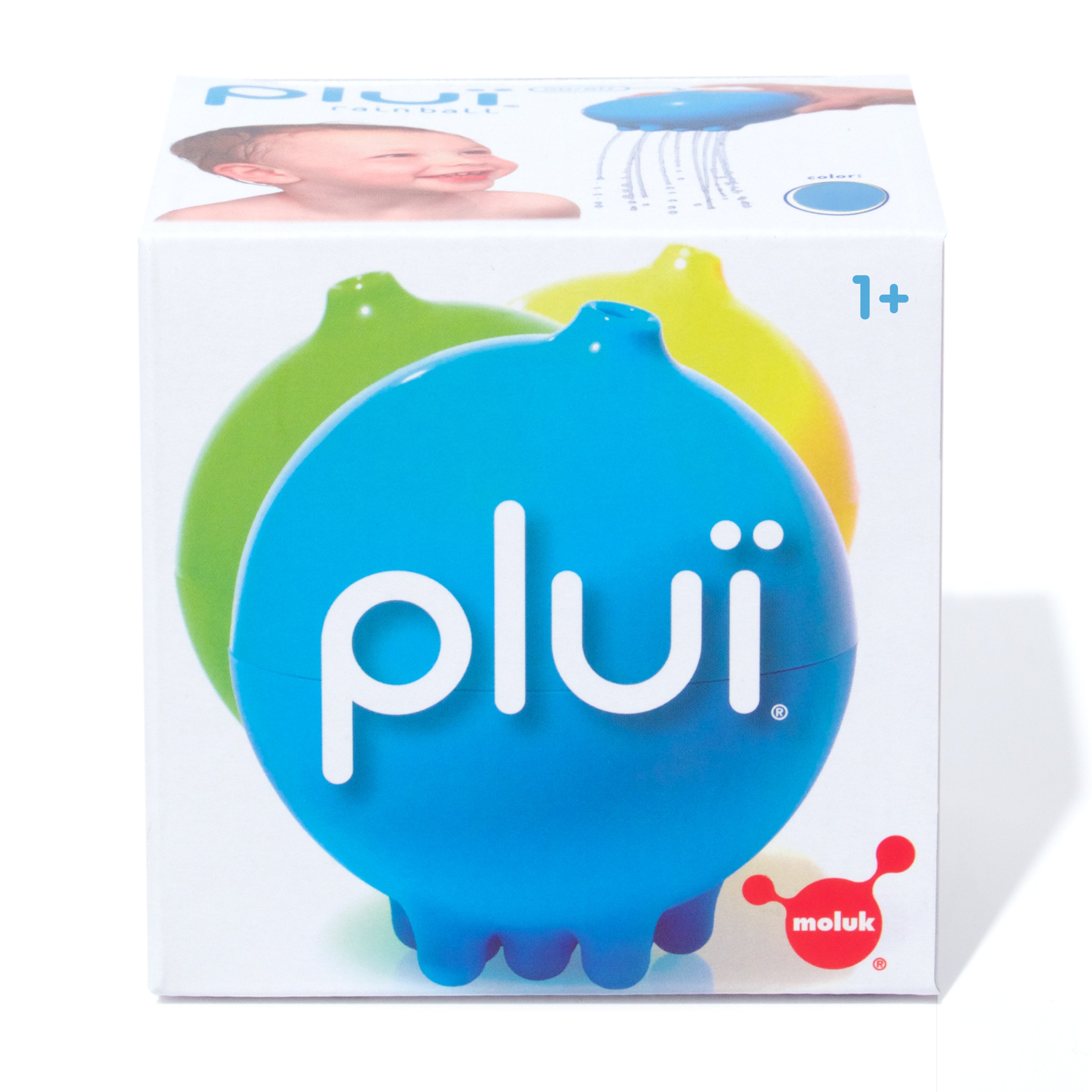 Gift box of Pluï Rainball bath toy by MOLUK with 1+ age recommendation. 